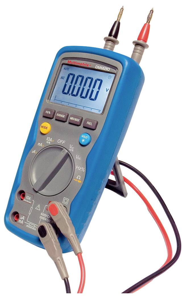 Ein digitales Multimeter zeigt '0.000 V' auf dem Display. Es stehen zwei Messleitungen in Rot und Schwarz bereit.
