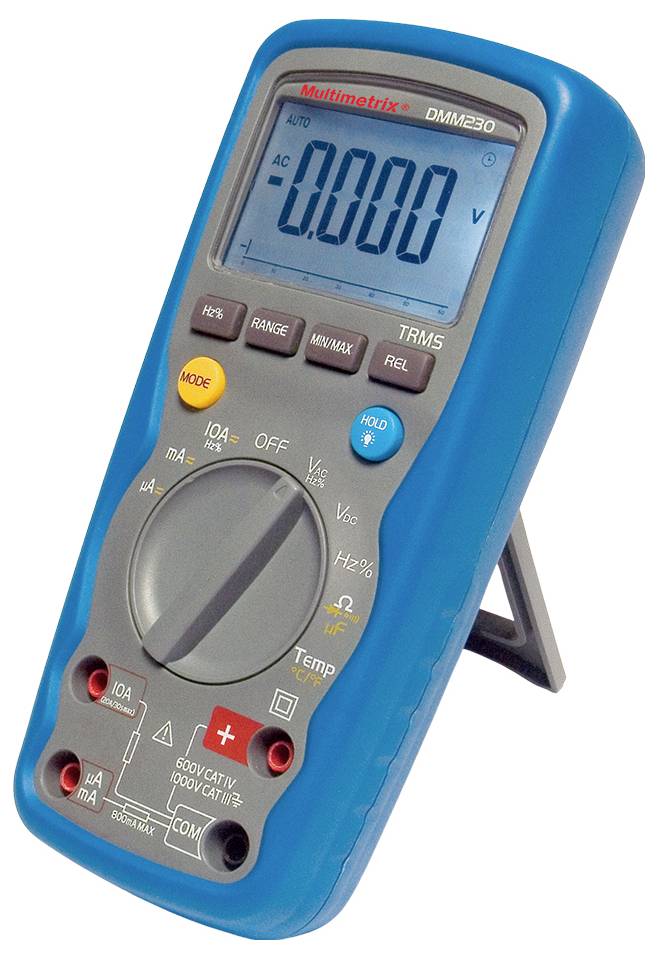 Digital-Multimeter in blauer Hülle mit Displayanzeige von '0.000 V' und mehreren Messfunktionstasten; steht leicht geneigt.