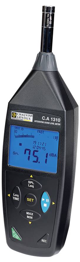 Ein schwarzes Schallpegelmessgerät mit blauem Display zeigt '-75,1 dBA'. Tasten darunter zur Steuerung. Oben ist ein Mikrofon.