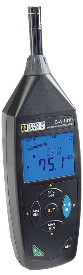 Ein Schallpegelmessgerät mit digitalem Display zeigt 75,1 dBA. Tasten zur Einstellung sowie ein Mikrofon sind sichtbar.