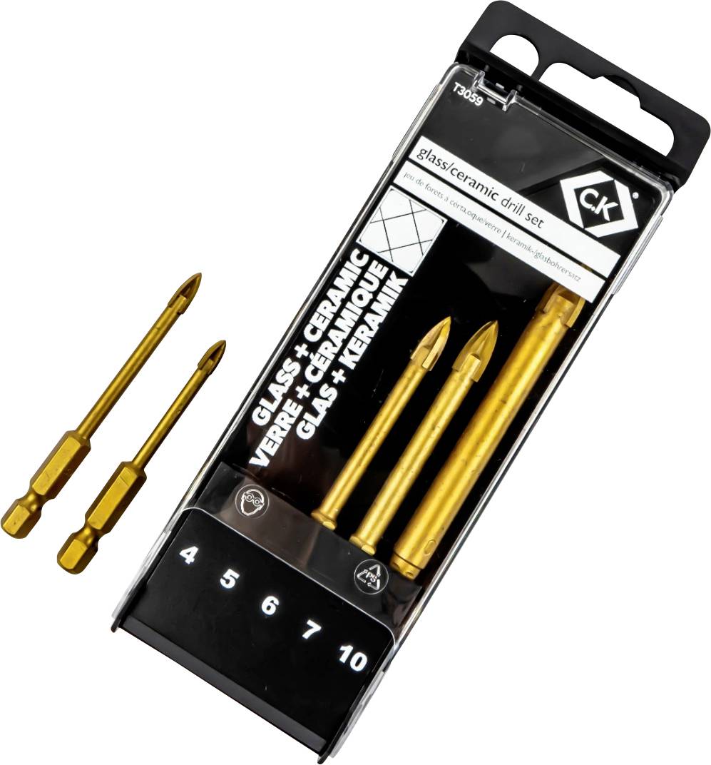 Ein Set goldfarbener Bohrer für Glas und Keramik in einer Verpackung, bezeichnet als 'Glass-Ceramic drill set'. Enthält vier Bohrer.