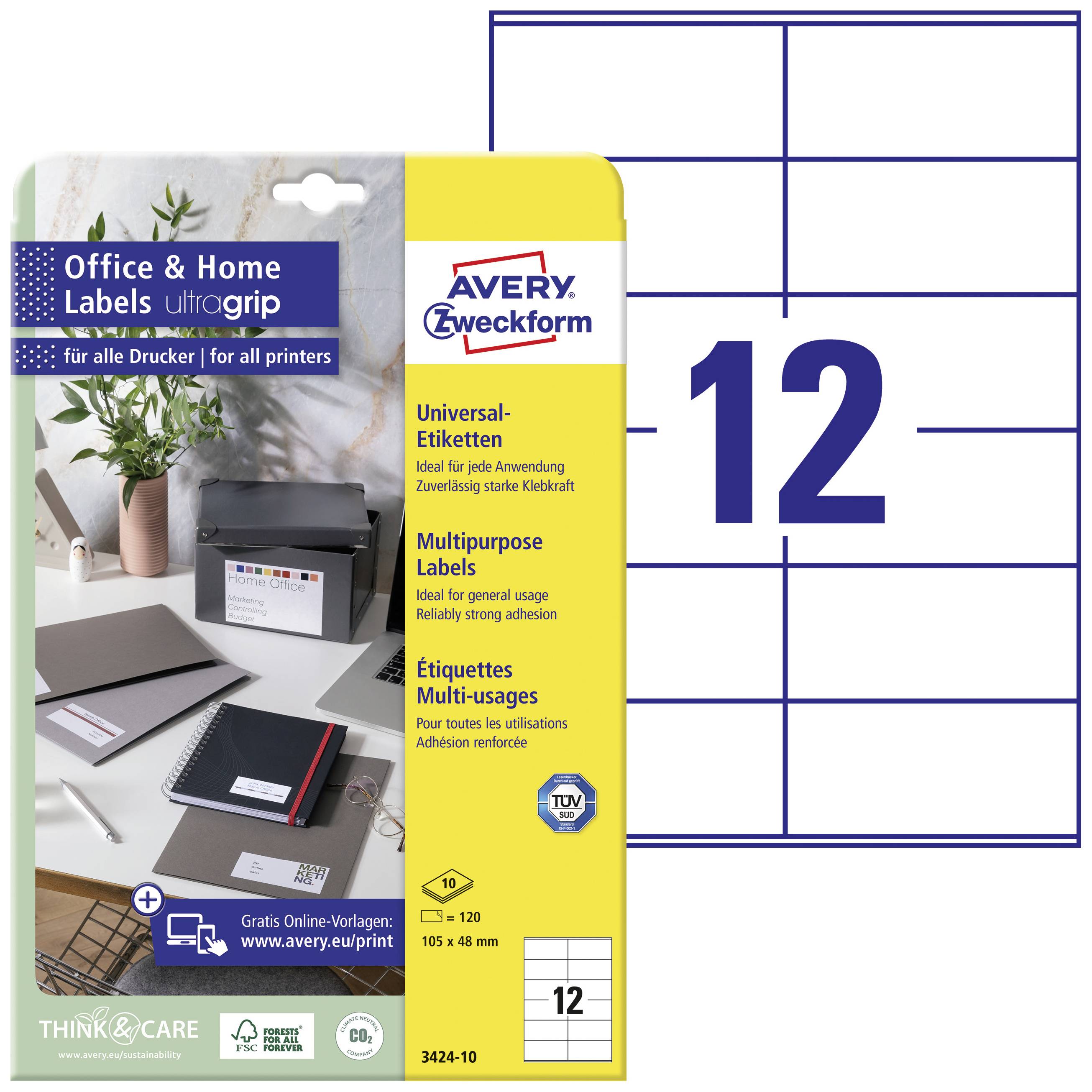 'Office & Home Labels Ultragip' Verpackung, 12 Sticker pro Blatt für Drucker, geeignet für vielfältigen Gebrauch, mit blau-weißen Layout.