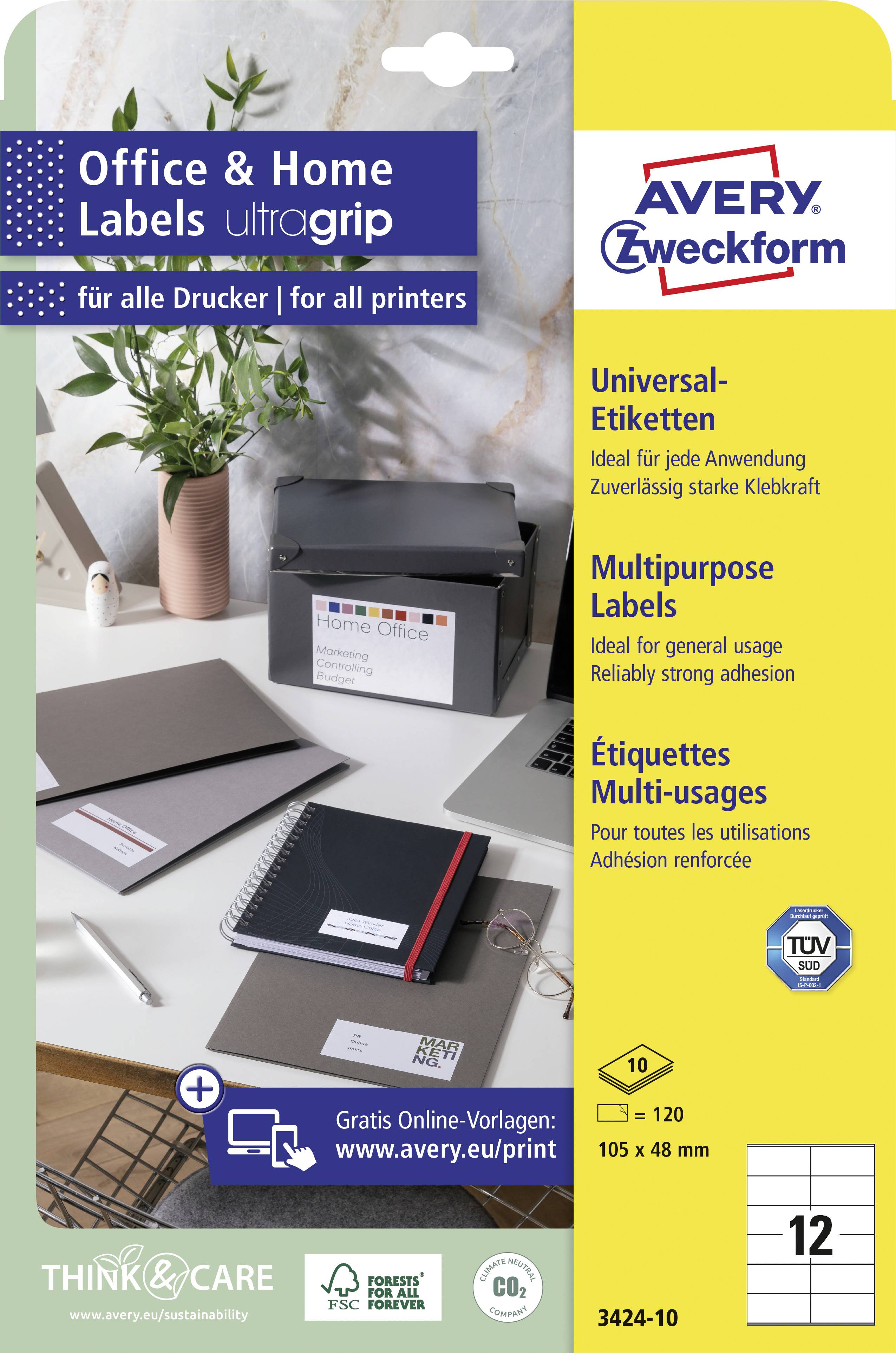 'Office & Home Labels Ultragrip' Aufkleberverpackung mit blauem und gelbem Layout. Enthält universelle Etiketteninformationen in verschiedenen Sprachen.