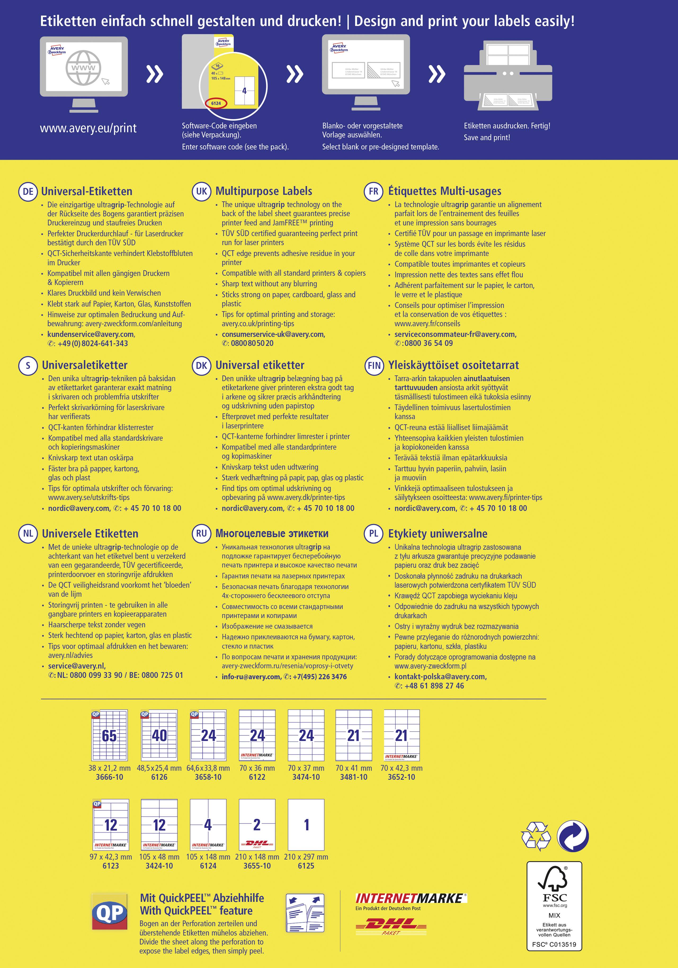 'Etiketten einfach schnell gestalten und drucken!' Gelber Hintergrund mit Anweisungen und Symbolen zur Etikettenerstellung und -bestellung.