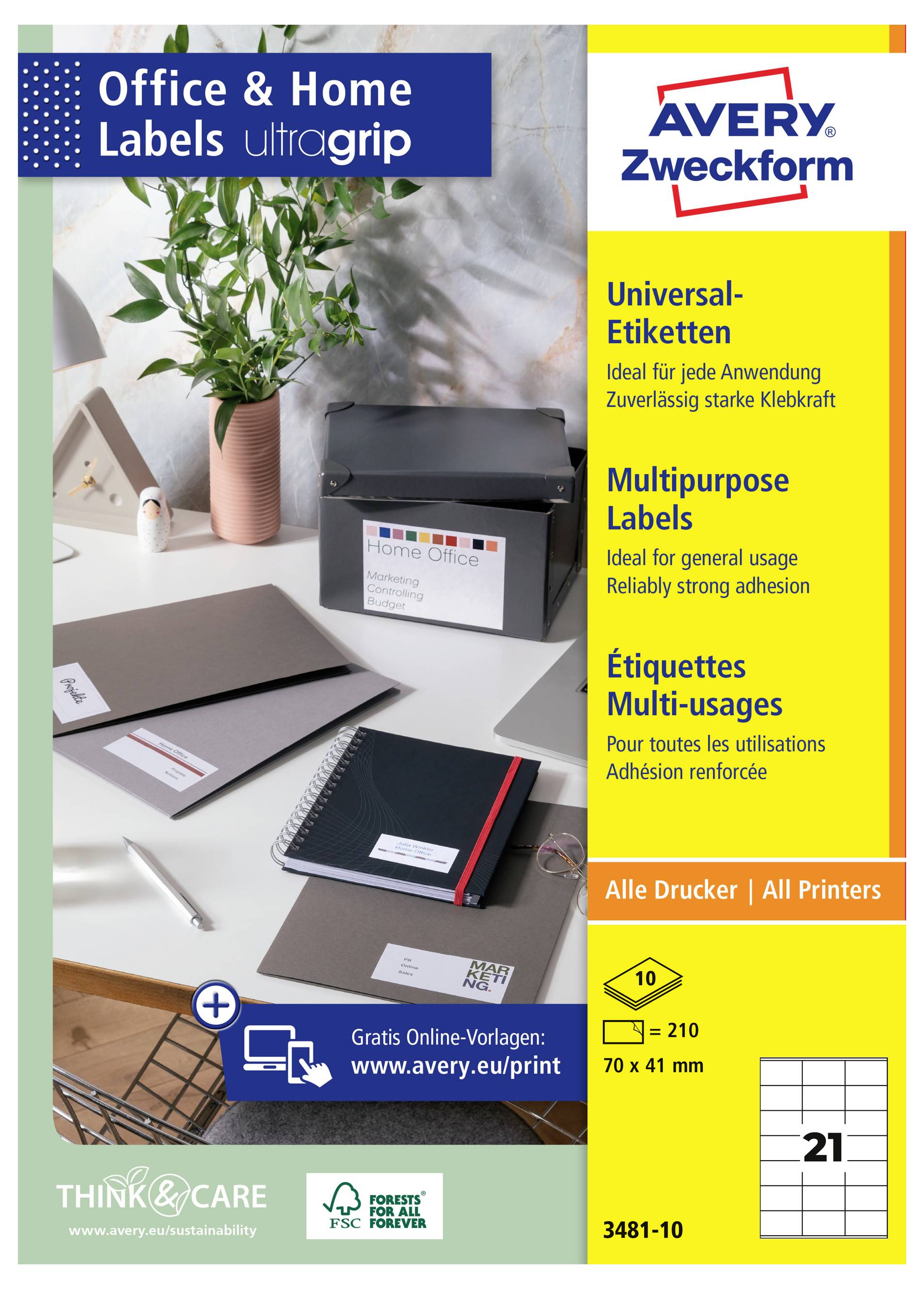 Avery Zweckform Büro- und Heimetiketten ultragrip Packung mit universellen Mehrzwecketiketten, für alle Drucker, 70 x 41 mm, 21 pro Blatt.