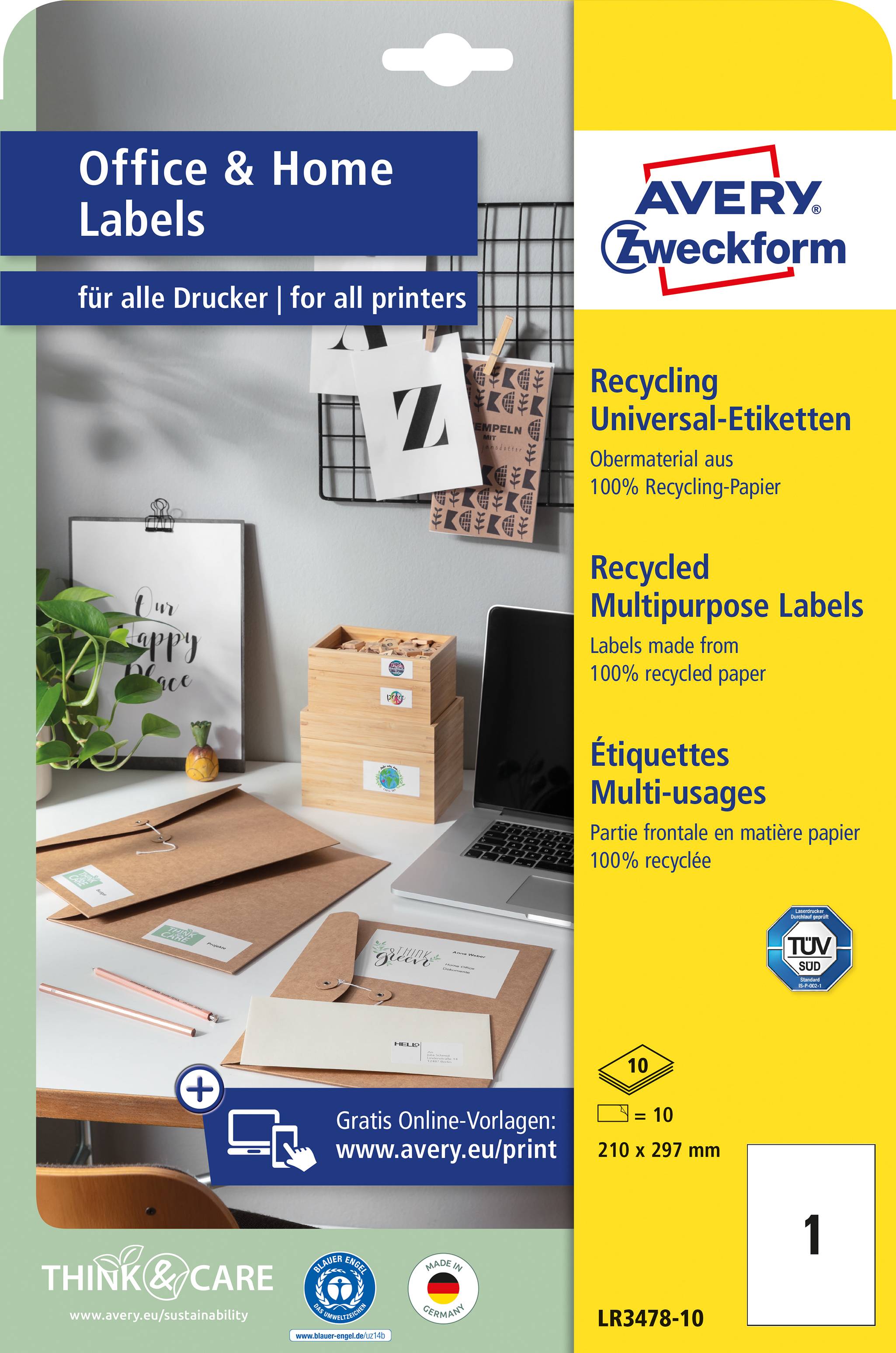 Packung Avery Zweckform Etiketten, recycelbar, für alle Drucker. Enthält 10 Blatt, Format 210 x 297 mm. TÜV-zertifiziert.