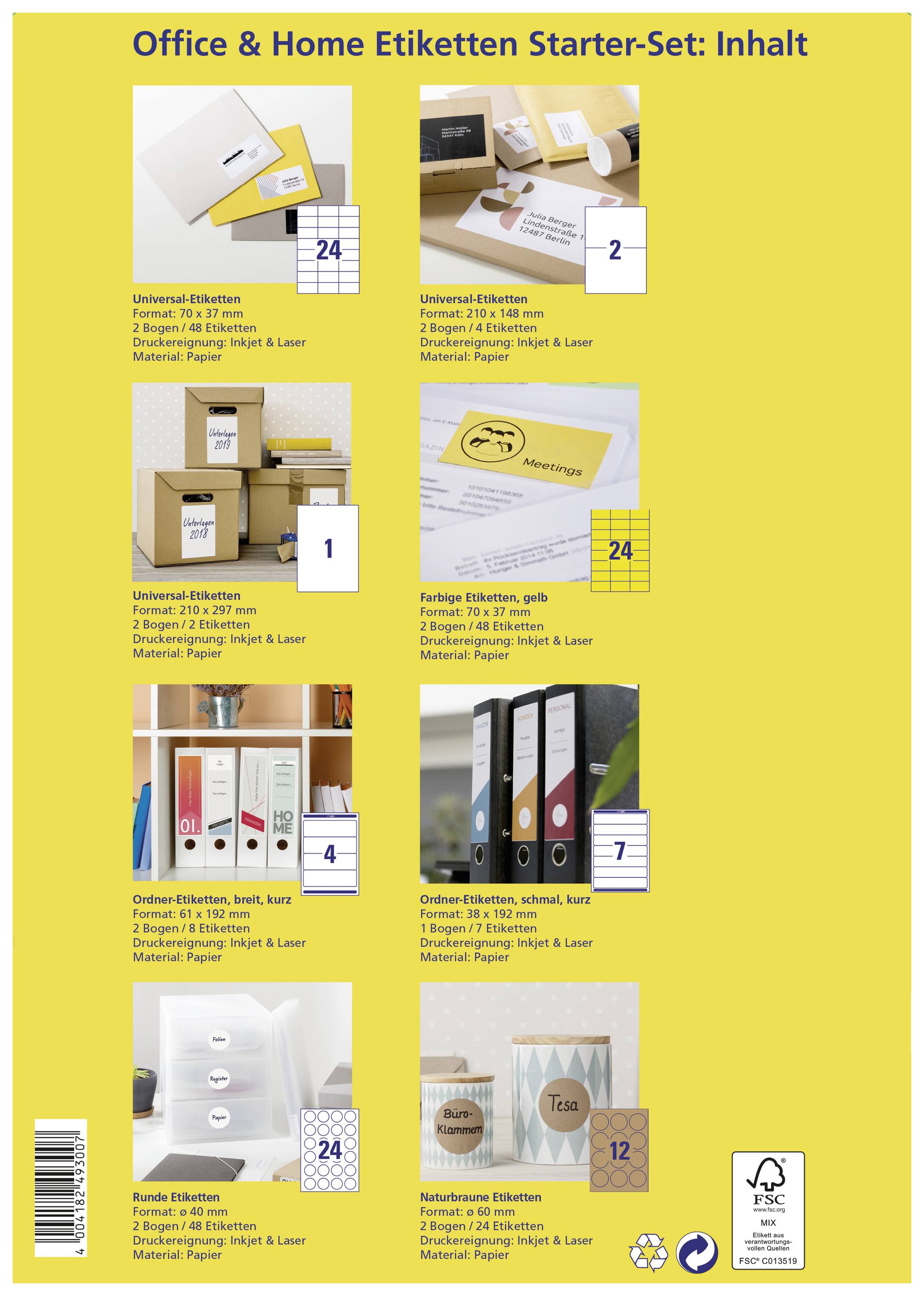 Avery-Zweckform 49300 Universal-Etiketten Papier Weiß, Gelb, Naturbraun 189 St. Permanent haftend Laserdrucker, Farblaserdrucker, Handbeschriftung