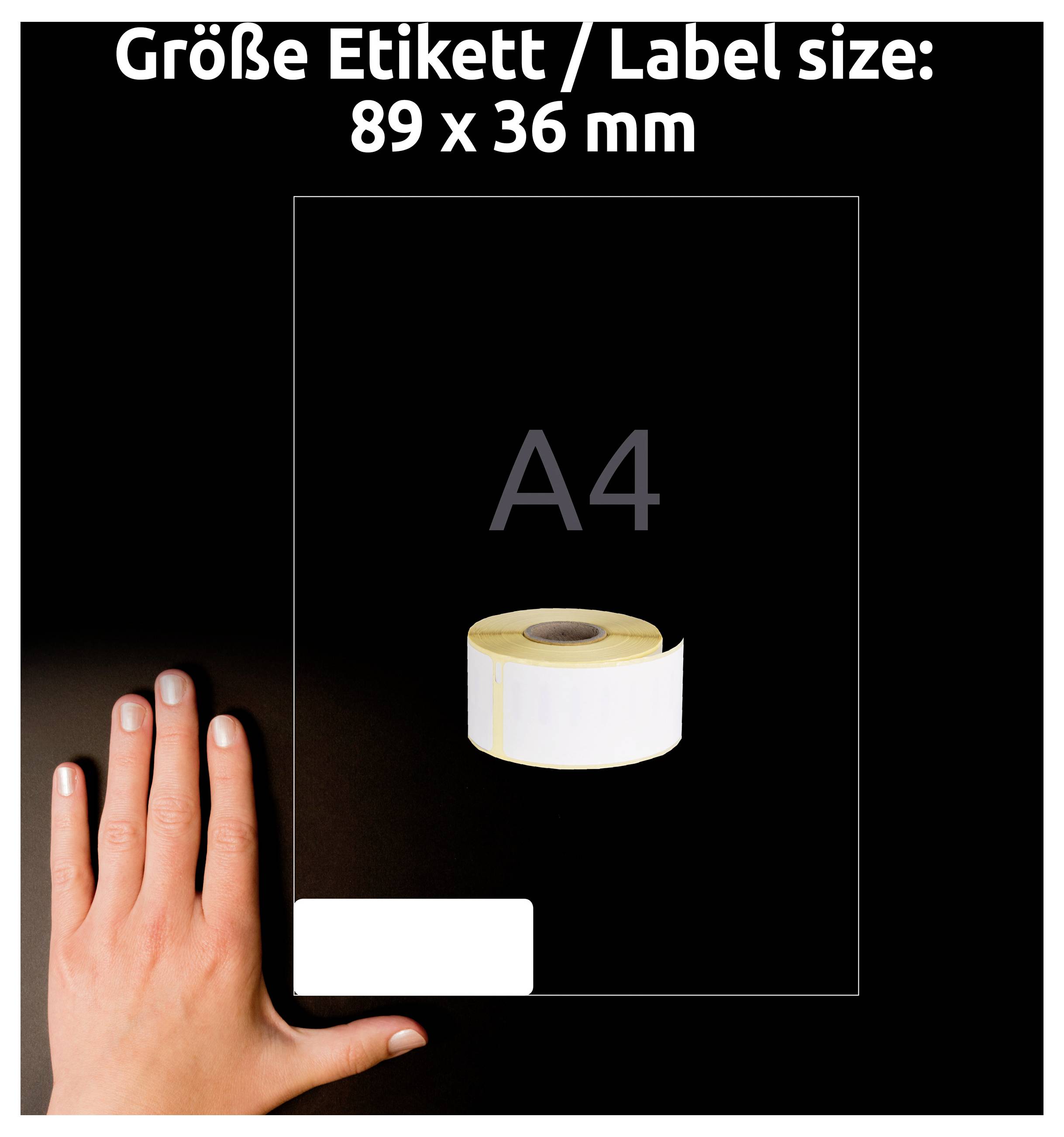 Vergleichsgrafik: Etikettengröße '89 x 36 mm' auf A4-Seite; kleine Etikettenrolle im Verhältnis zur Hand als Maßstab.
