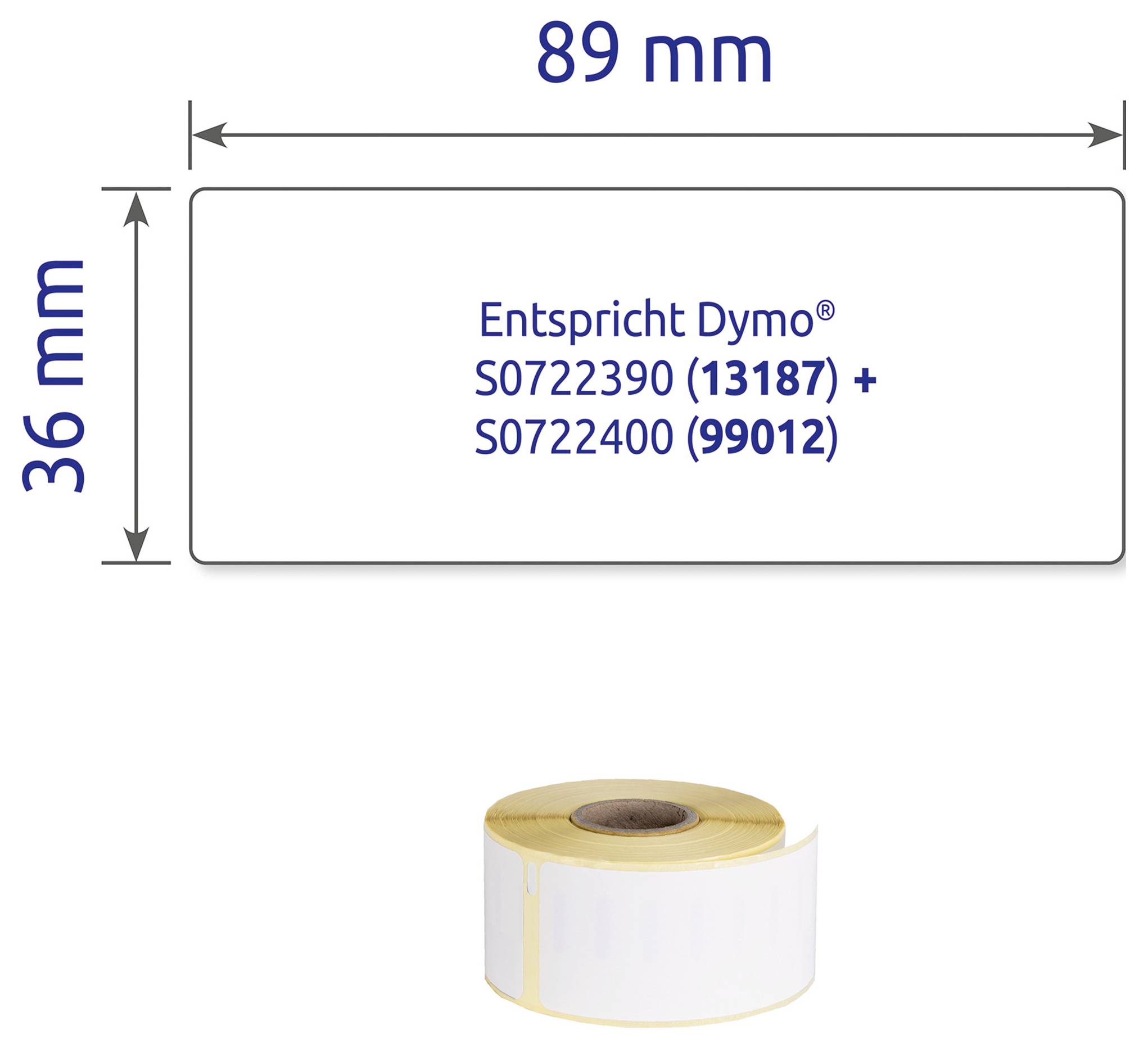 Beschriftungsrolle 89 x 36 mm, entspricht Dymo S0722390 (13187) + S0722400 (99012); unten abgebildete Rolle