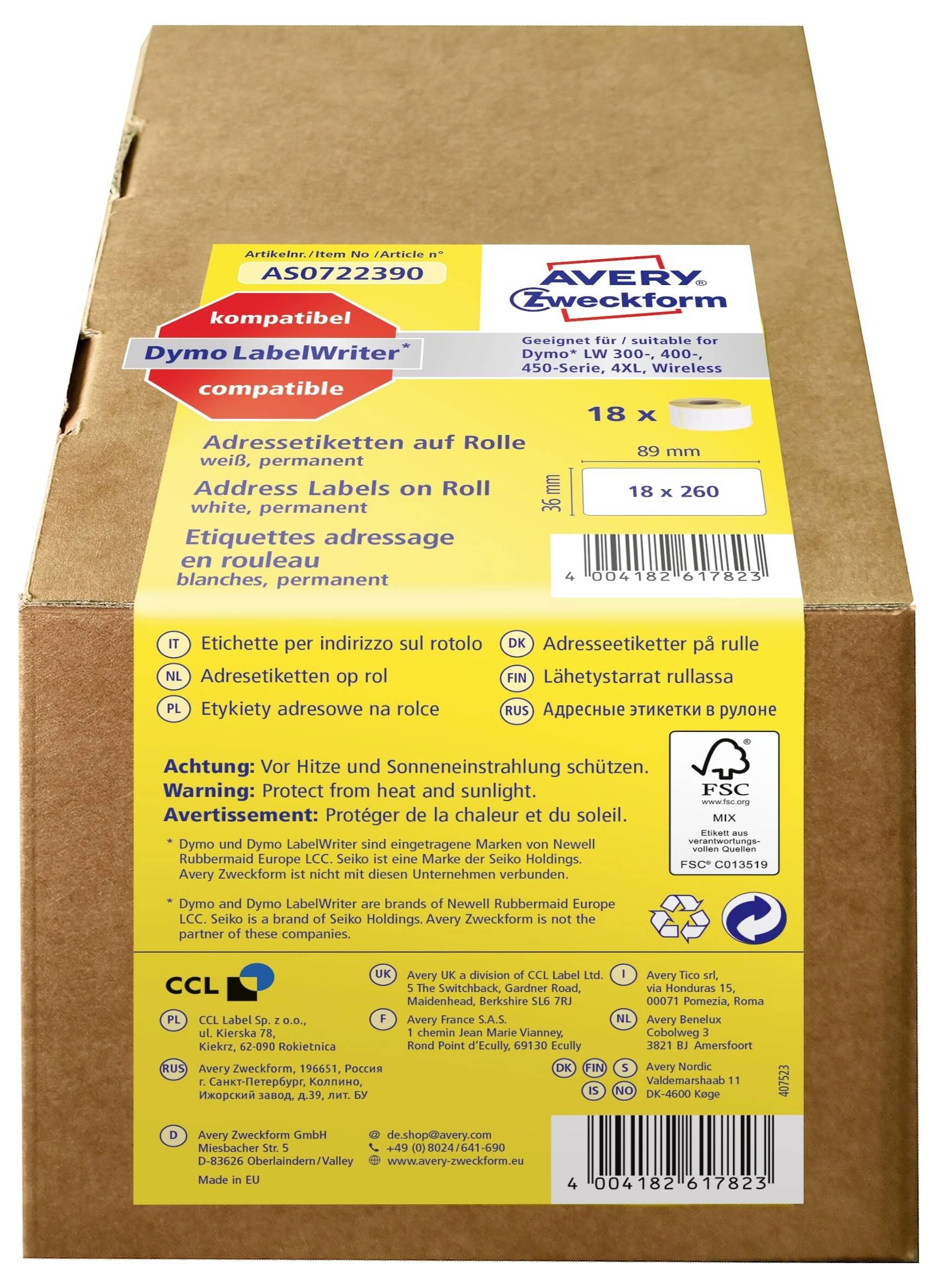 Eine Kartonschachtel mit Avery Zweckform Dymo-kompatiblen weißen permanenten Adressetiketten, 18 Rollen, 89 mm x 26 mm, für Dymo LabelWriter Drucker.