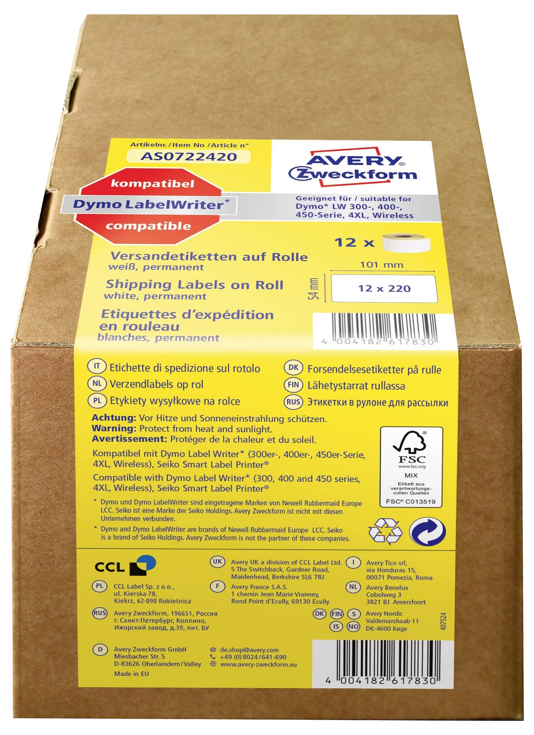 Ein braunes Kartonversandkarton mit einem großen gelben Avery Zweckform Versandetikett auf der Vorderseite, das die Größe 12 x 220 und die Kompatibilität mit Dymo LabelWriter-Druckern anzeigt.