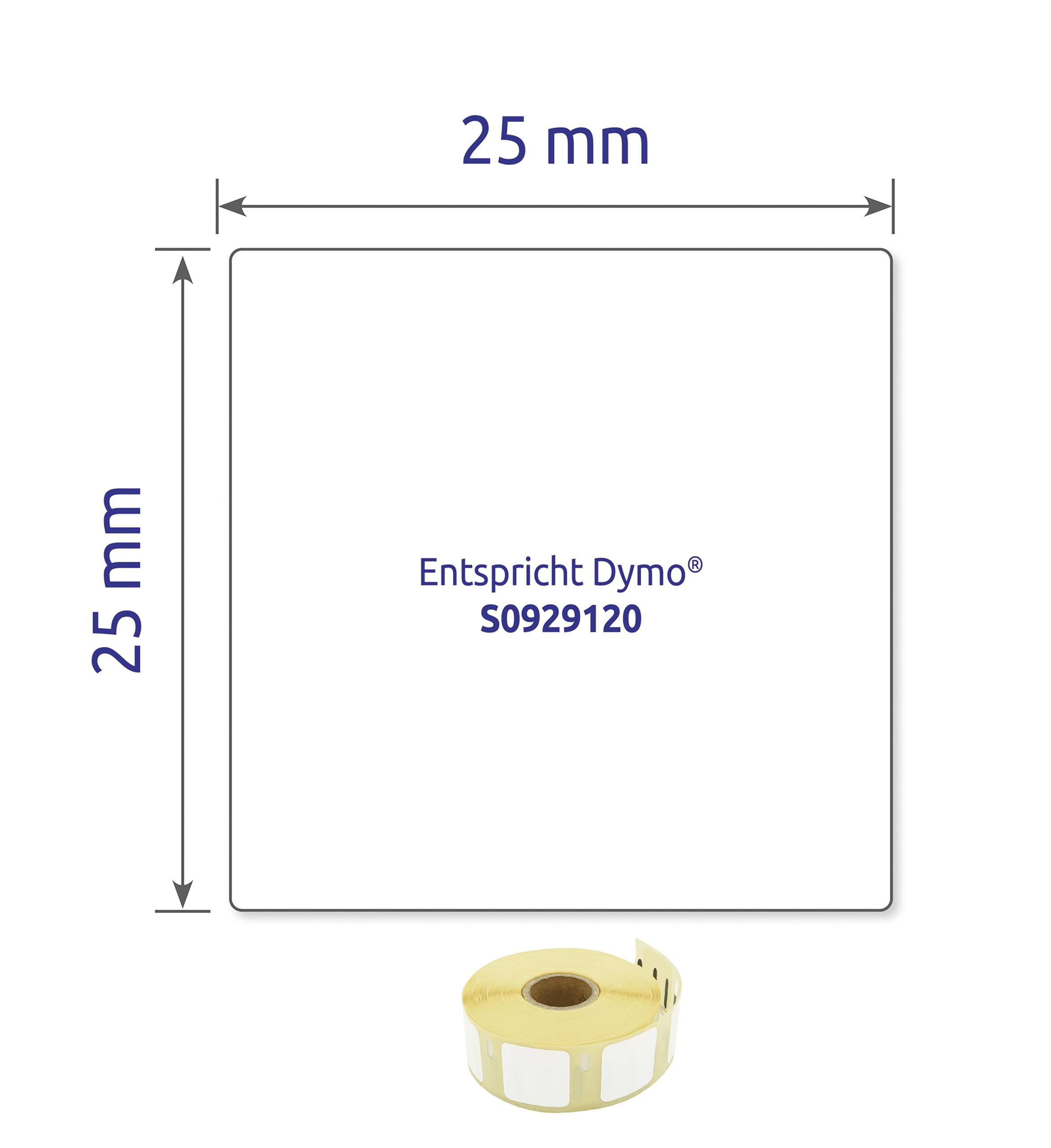 Quadratisches Etikett, 25 mm x 25 mm, kompatibel mit Dymo. Rolle mit Etiketten unten abgebildet.