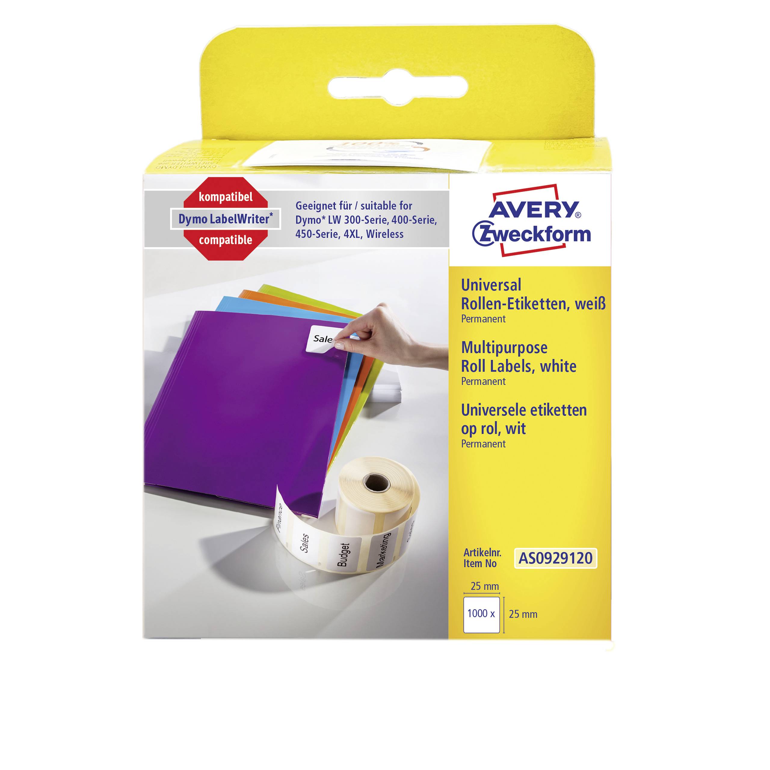 'Verpackung für Avery Zweckform Universaletiketten' zeigt Rolle mit weißen Etiketten. Aufdruck: kompatibel mit Dymo-Labeldruckern.