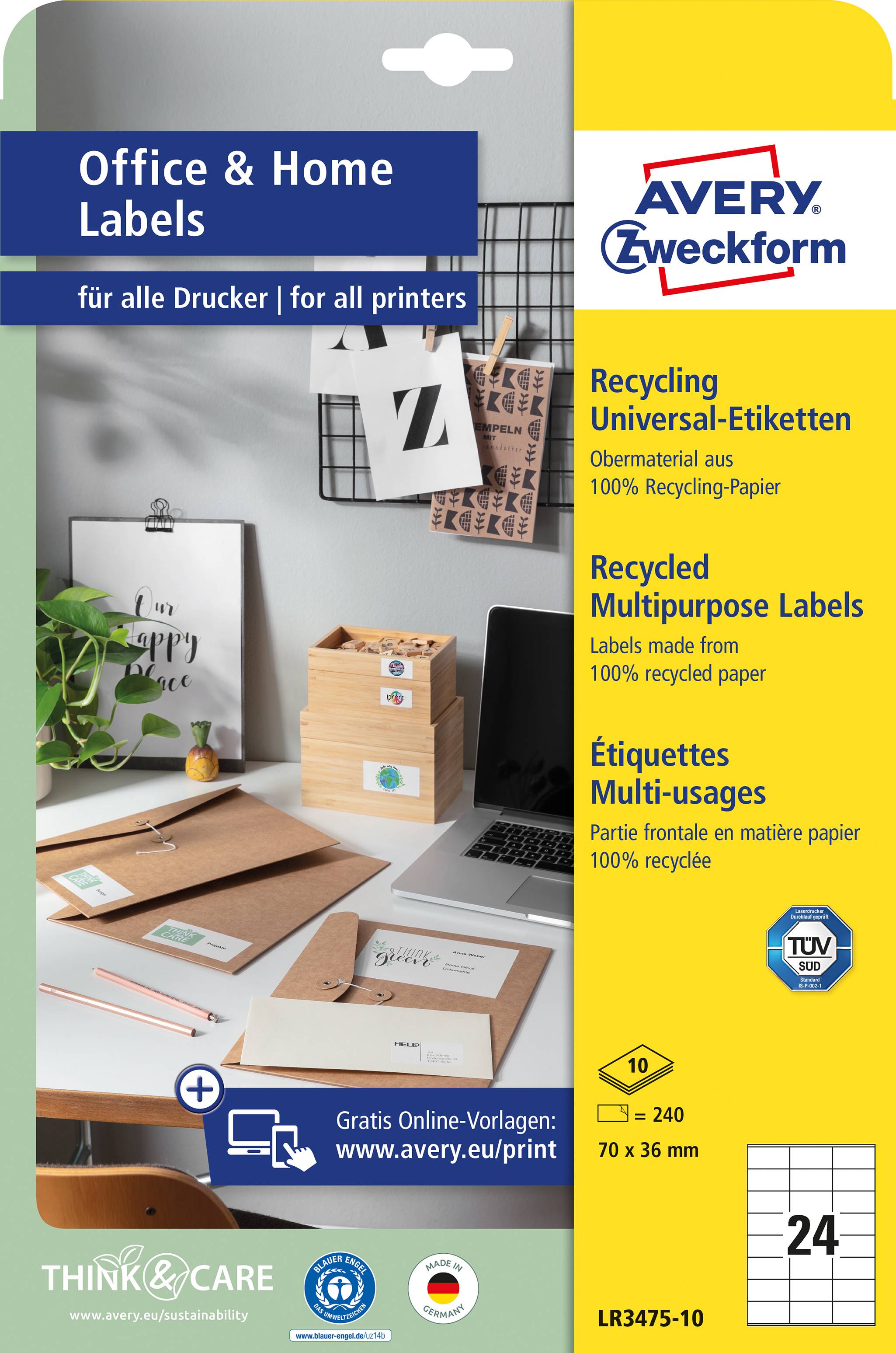 Produktverpackung für Avery Zweckform etiketten. Betont Recyclingpapier, Vielseitigkeit für Drucker und bietet 24 Etiketten pro Bogen.