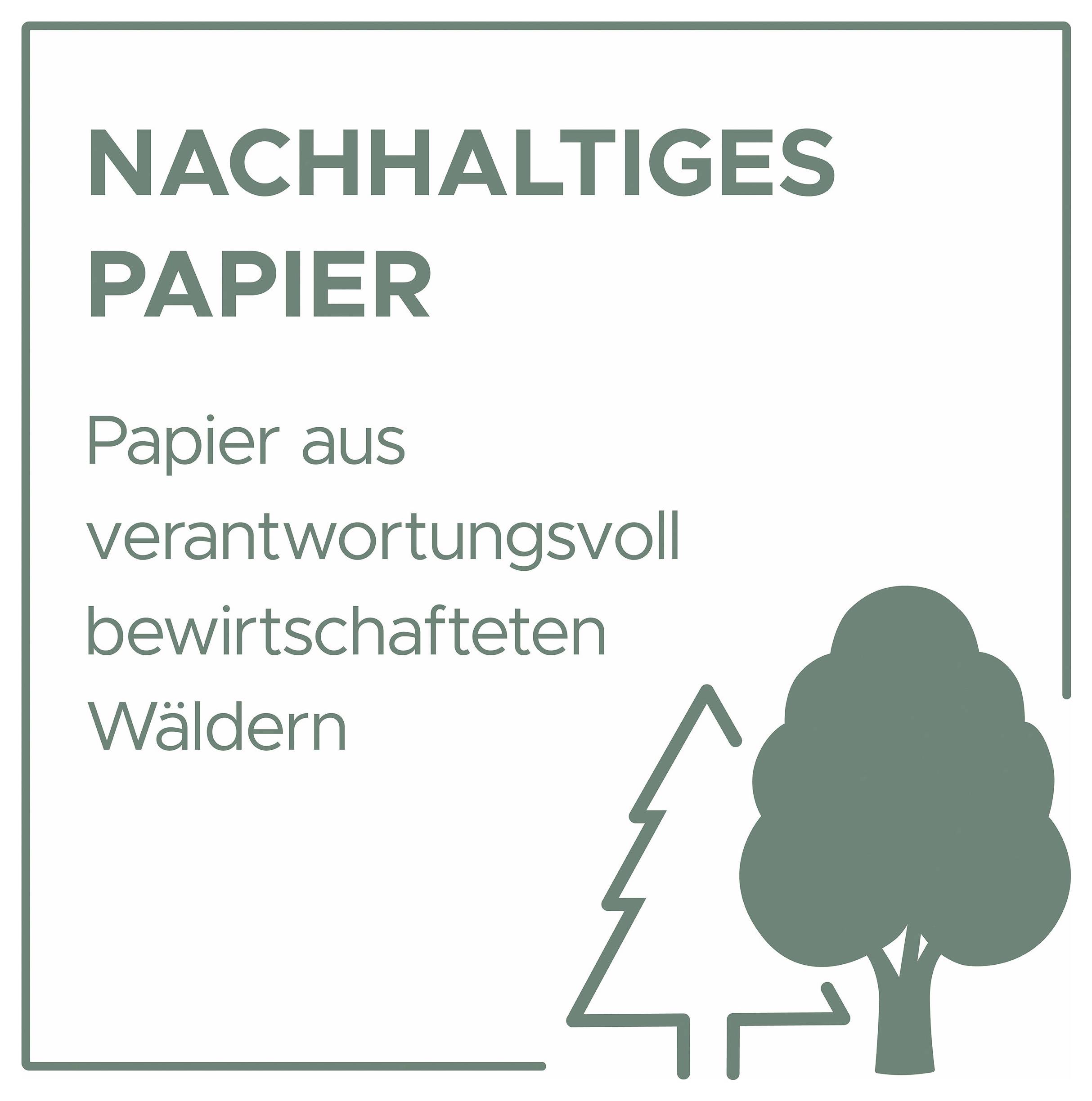 Grafik mit Text 'NACHHALTIGES PAPIER' und 'Papier aus verantwortungsvoll bewirtschafteten Wäldern', daneben Baum- und Tannensymbol.
