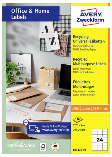 Avery-Zweckform LR3475-10 Universal-Etiketten 70 x 36 mm Recycling-Papier Weiß 240 St. Permanent ha