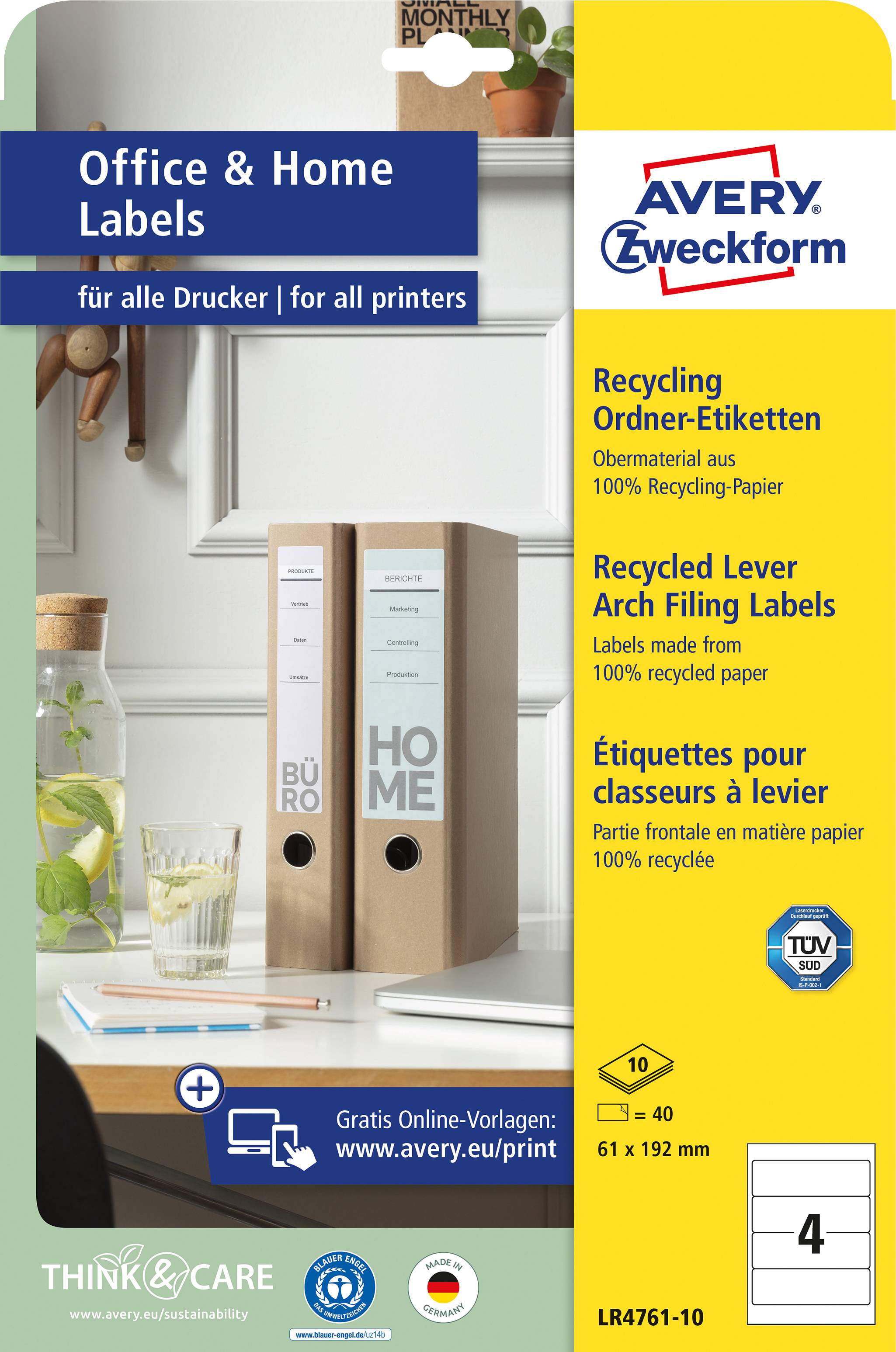 Avery-Zweckform Ordner-Etiketten LR4761-10 61 x 192mm Recycling-Papier Weiß Permanent 40St.