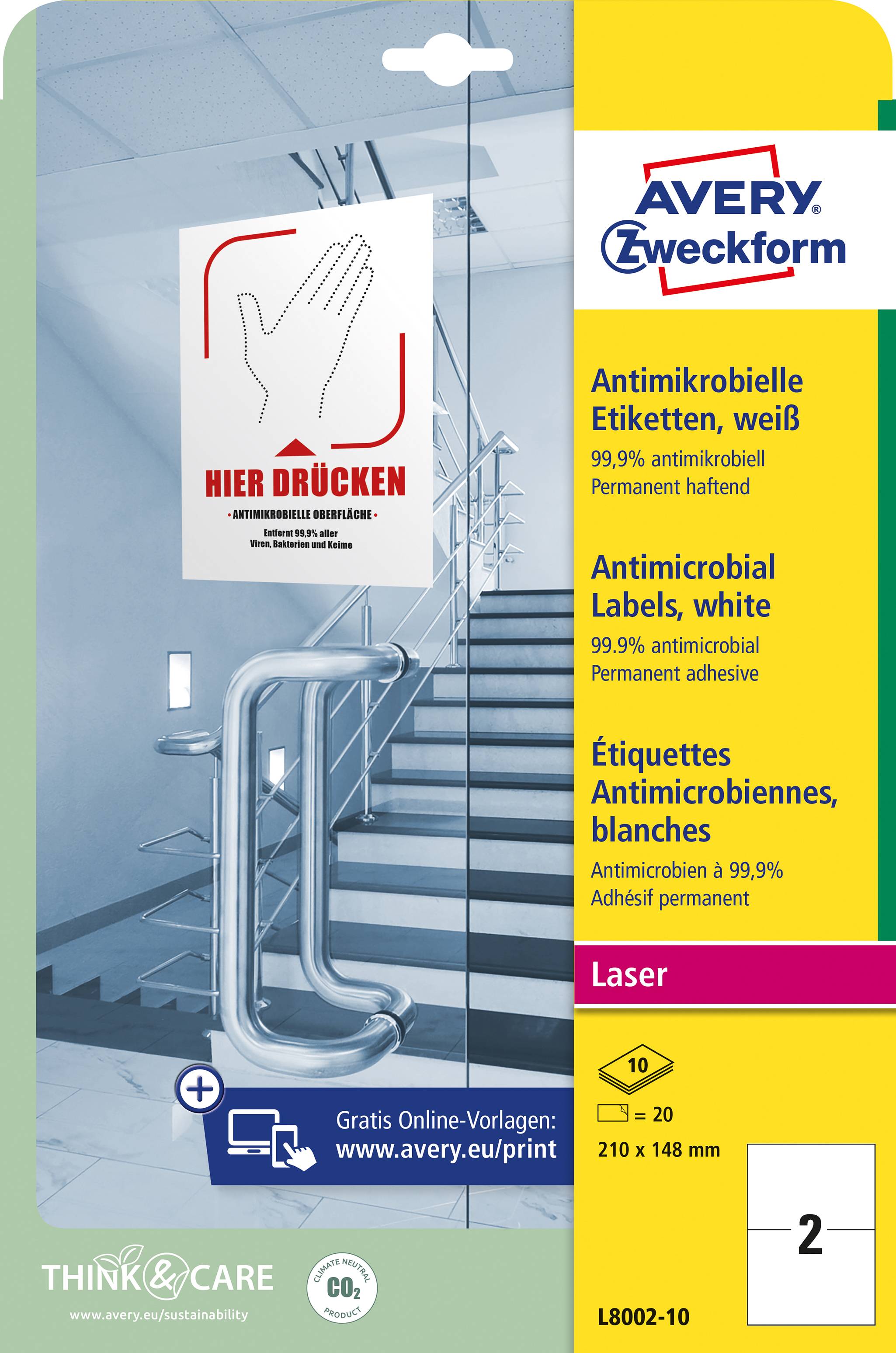 Avery-Zweckform L8002-10 Antimikrobielle Etiketten 148 x 210mm Polyester-Folie Weiß 20 St. Permanent 10 Blatt