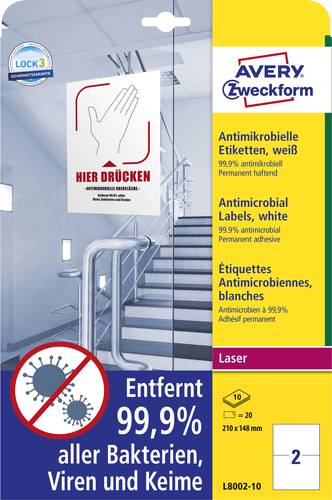 Avery-Zweckform L8002-10 Antimikrobielle Etiketten 148 x 210mm Polyester-Folie Weiß 20 St. Permanen
