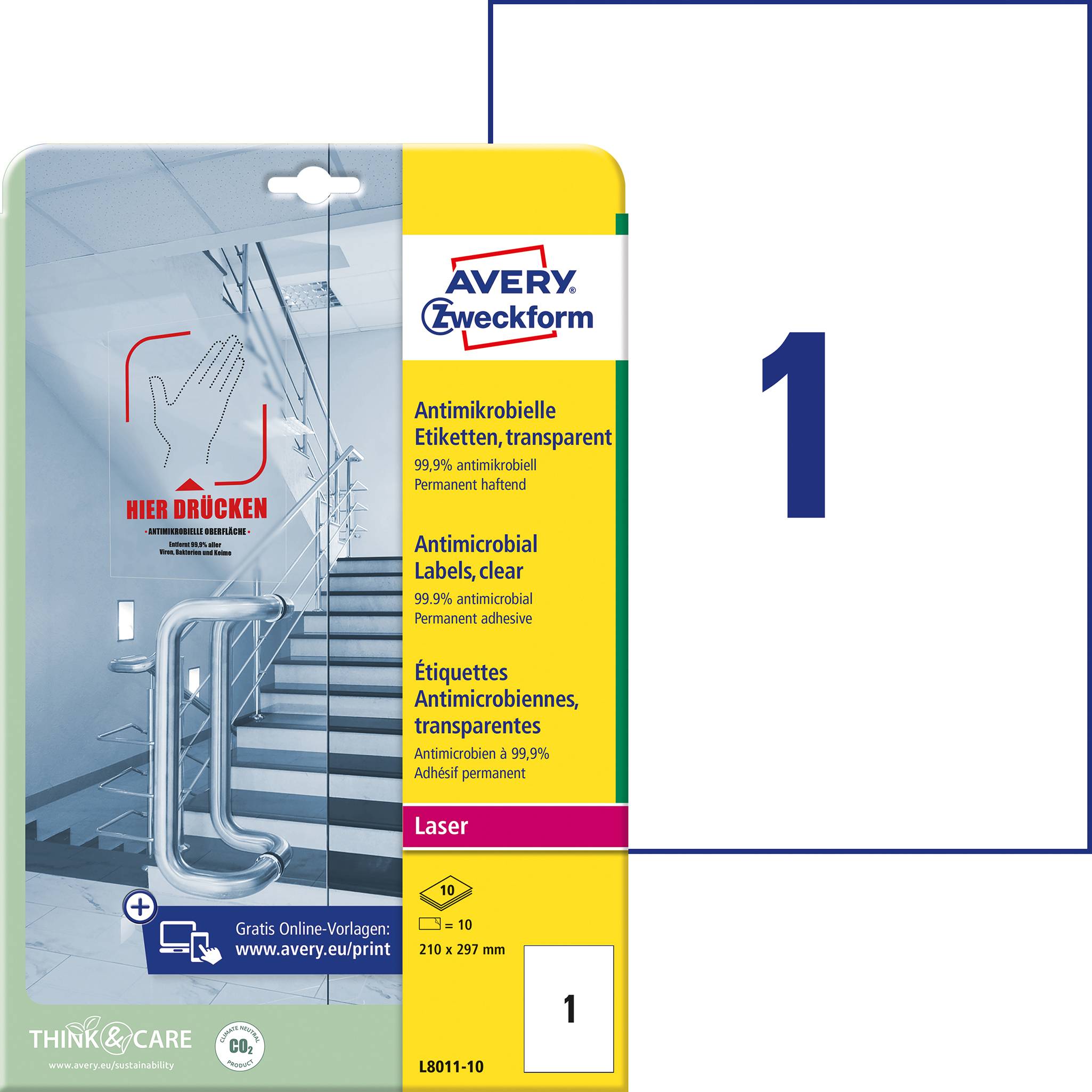Avery-Zweckform L8011-10 Antimikrobielle Etiketten 210 x 297 mm Polyester-Folie Transparent 10 St.