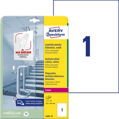 Avery-Zweckform L8001-10 Antimikrobielle Etiketten 210 x 297mm Polyester-Folie Weiß 10 St. Permanen