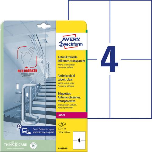 Avery-Zweckform L8013-10 Antimikrobielle Etiketten 105 x 148mm Polyester-Folie Transparent 40 St. Pe