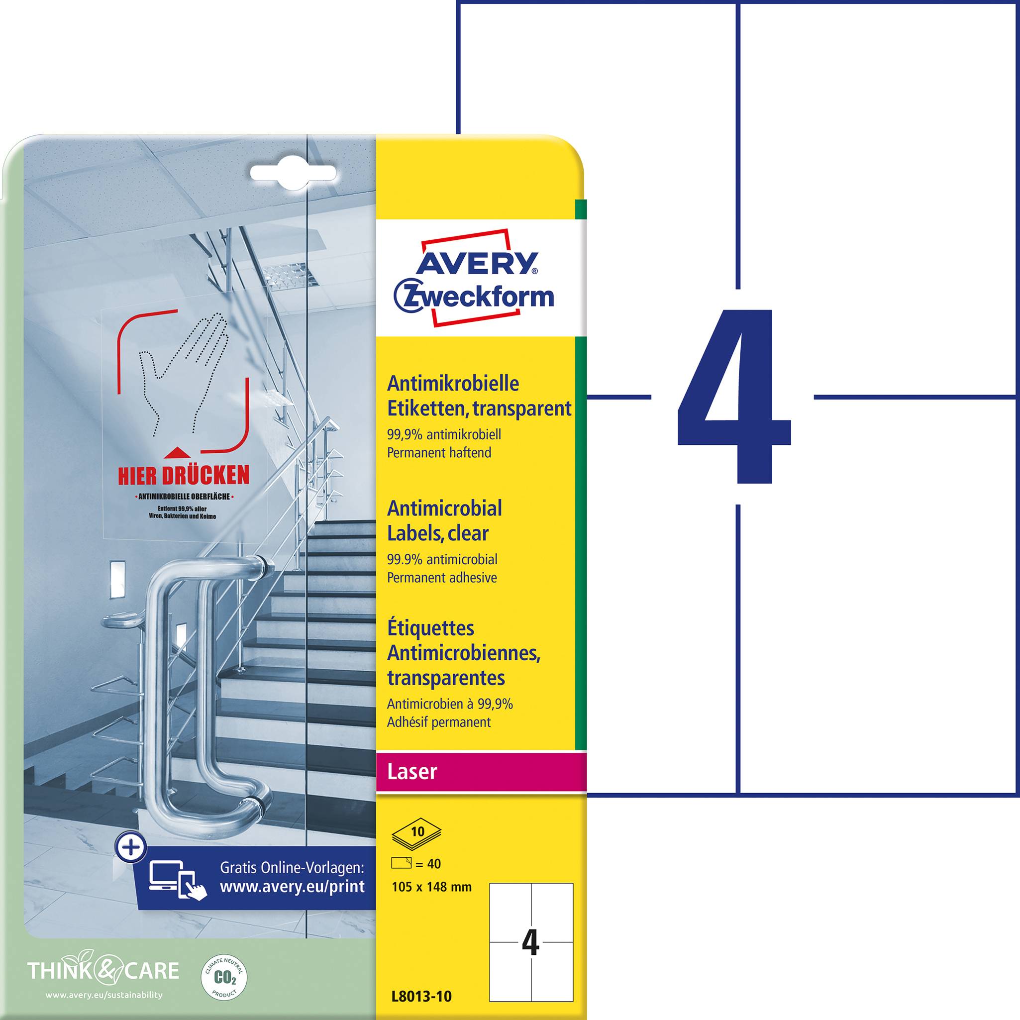 Avery-Zweckform L8013-10 Antimikrobielle Etiketten 105 x 148 mm Polyester-Folie Transparent 40 St.