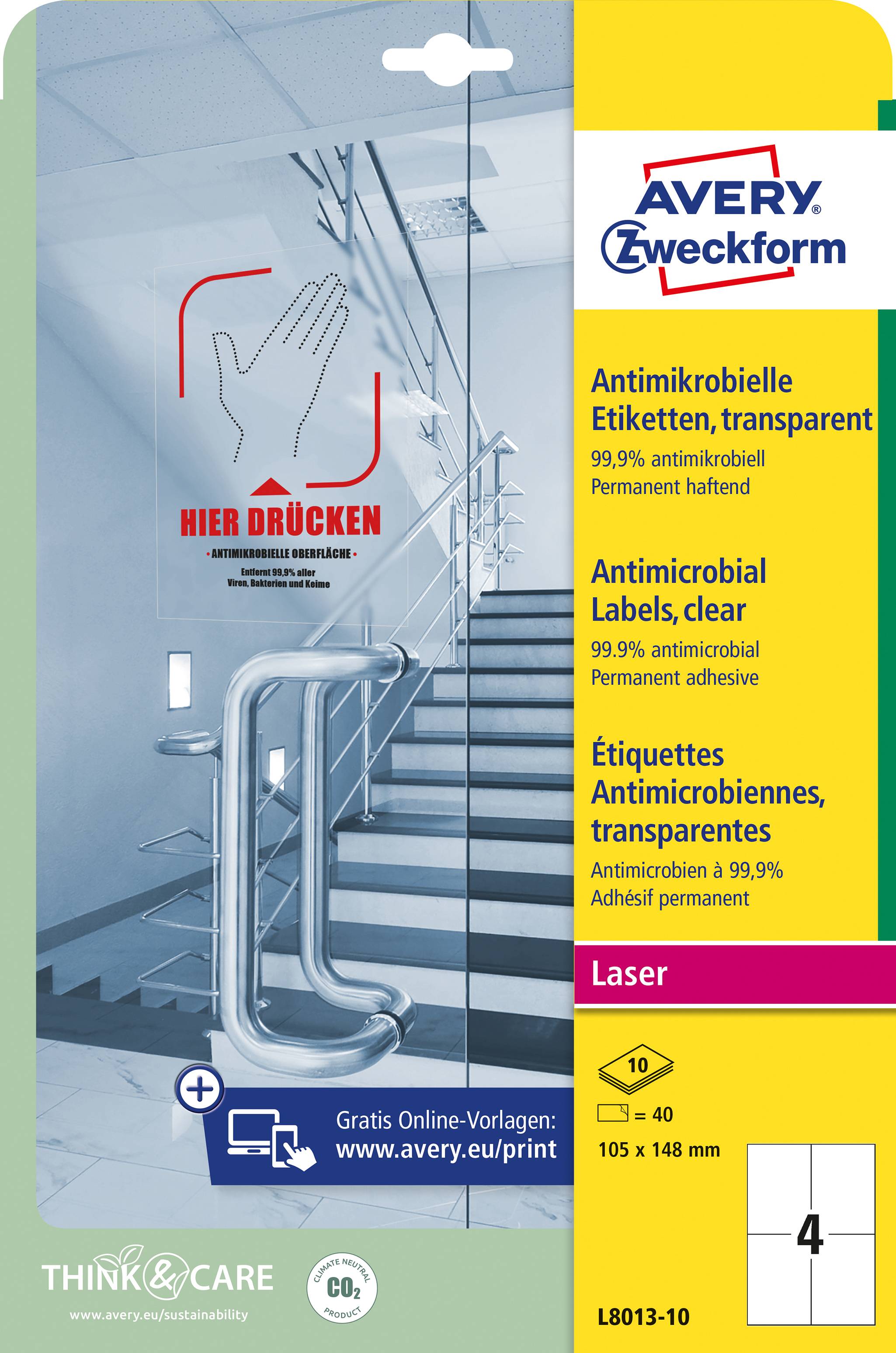 Avery-Zweckform L8013-10 Antimikrobielle Etiketten 105 x 148mm Polyester-Folie Transparent 40 St. Permanent 10 Blatt