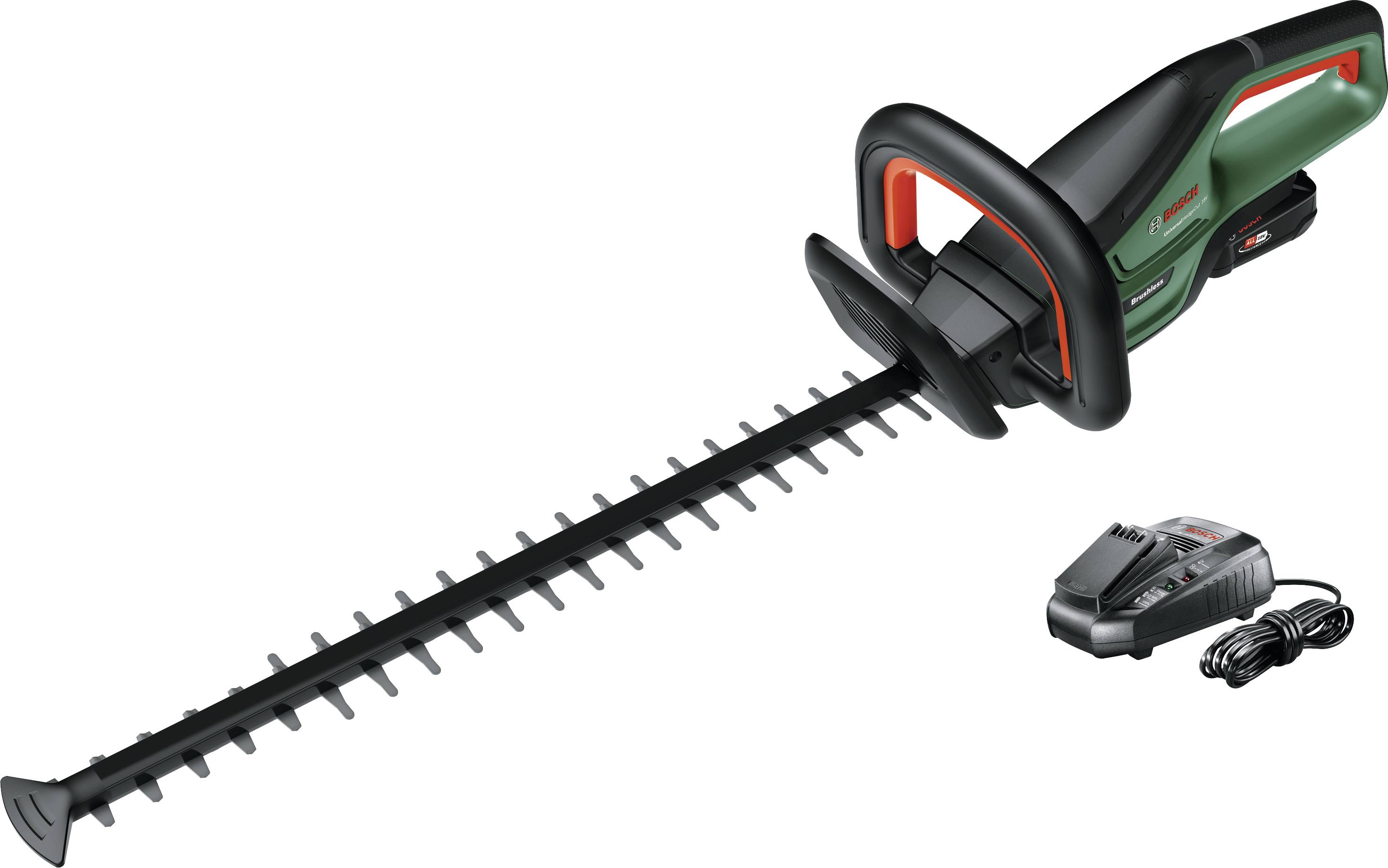 Akku-Heckenschere mit Ladegerät, schwarzes und grünes Design mit orangefarbenen Akzenten, geeignet für die Gartenpflege.