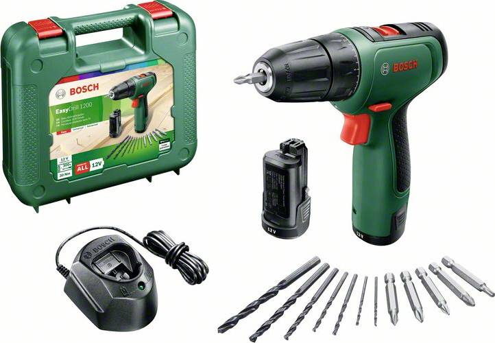 Akkuschrauber-Set mit grünem Handbohrer, Ladegerät, Bohrspitzen und Kunststoffkoffer, markiert mit 'Bosch'.
