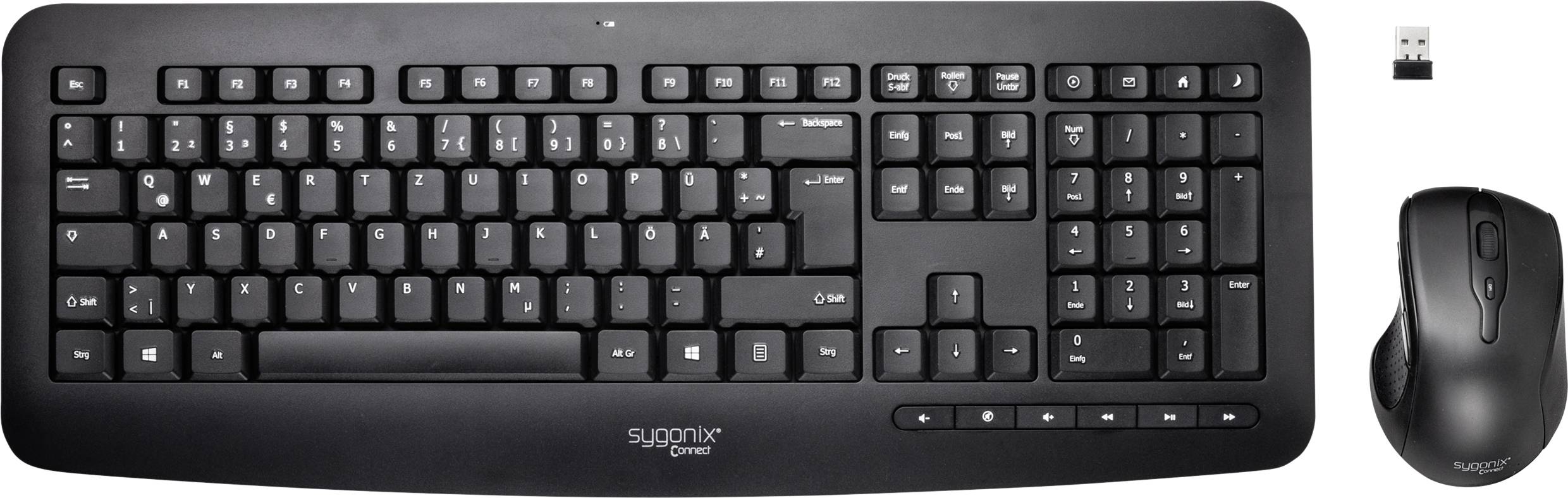 Sygonix Connect SC-KMC-300 Funk Tastatur, Maus-Set mit numerischer Tastatur Deutsch, QWERTZ Schwarz