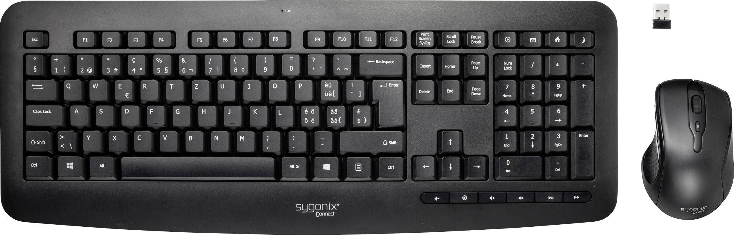 Sygonix Connect SC-KMC-301 Funk Tastatur, Maus-Set mit numerischer Tastatur Schweiz, QWERTZ Schwarz
