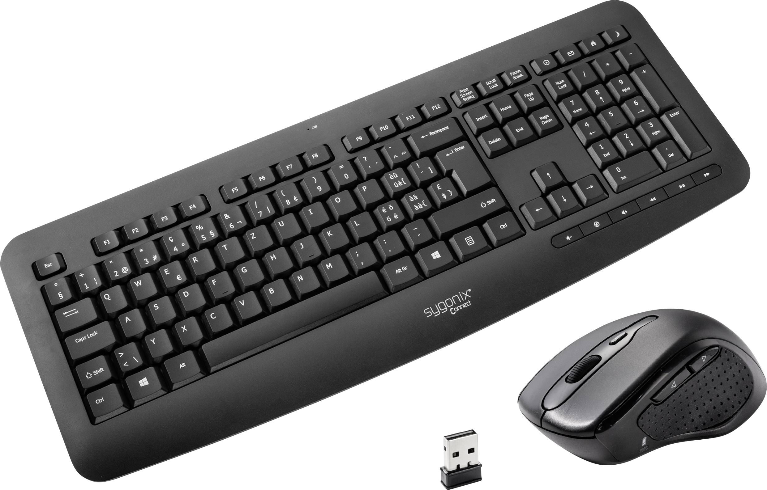Sygonix Connect SC-KMC-301 Funk Tastatur, Maus-Set mit numerischer Tastatur Schweiz, QWERTZ Schwarz