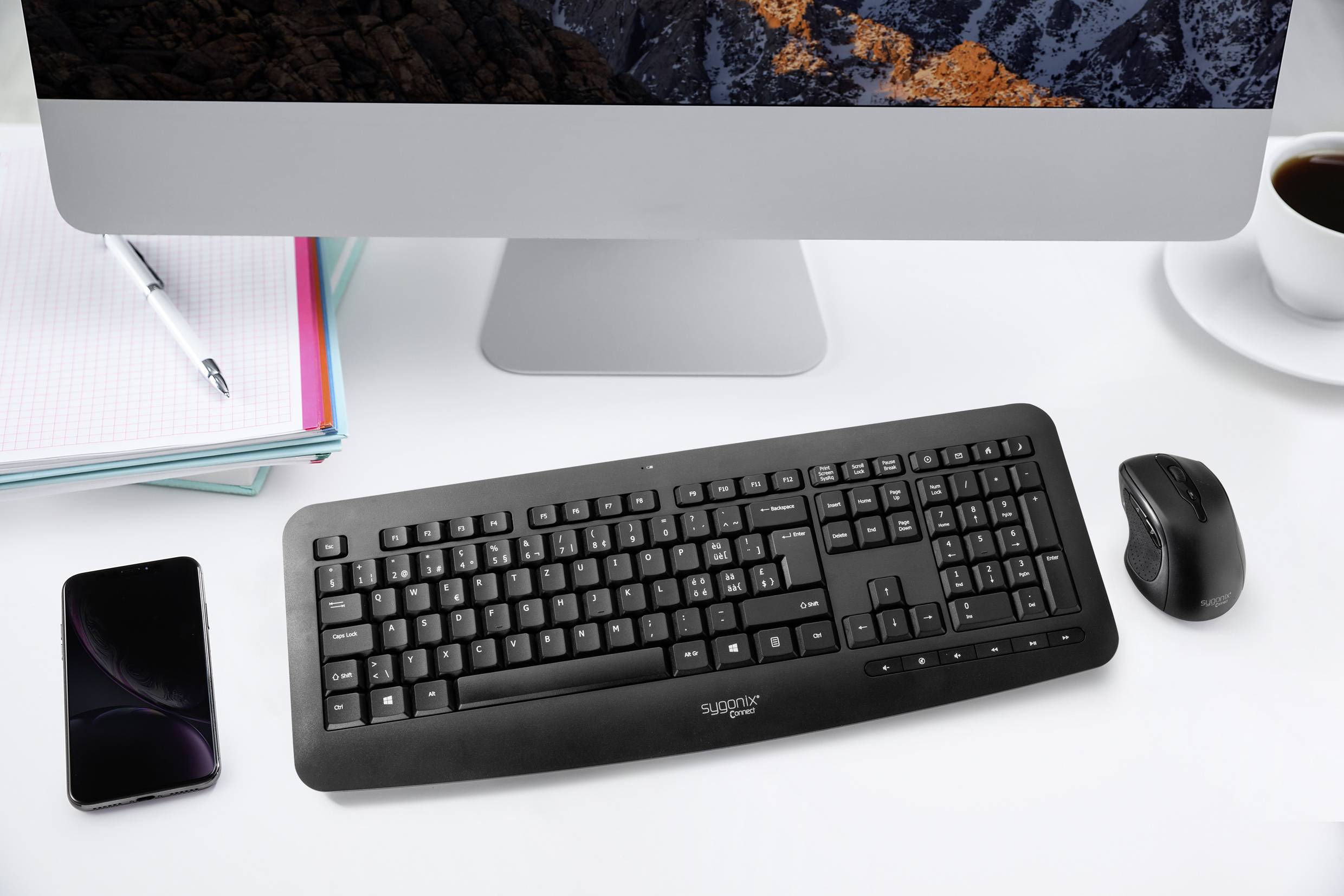 Sygonix Connect SC-KMC-301 Funk Tastatur, Maus-Set mit numerischer Tastatur Schweiz, QWERTZ Schwarz