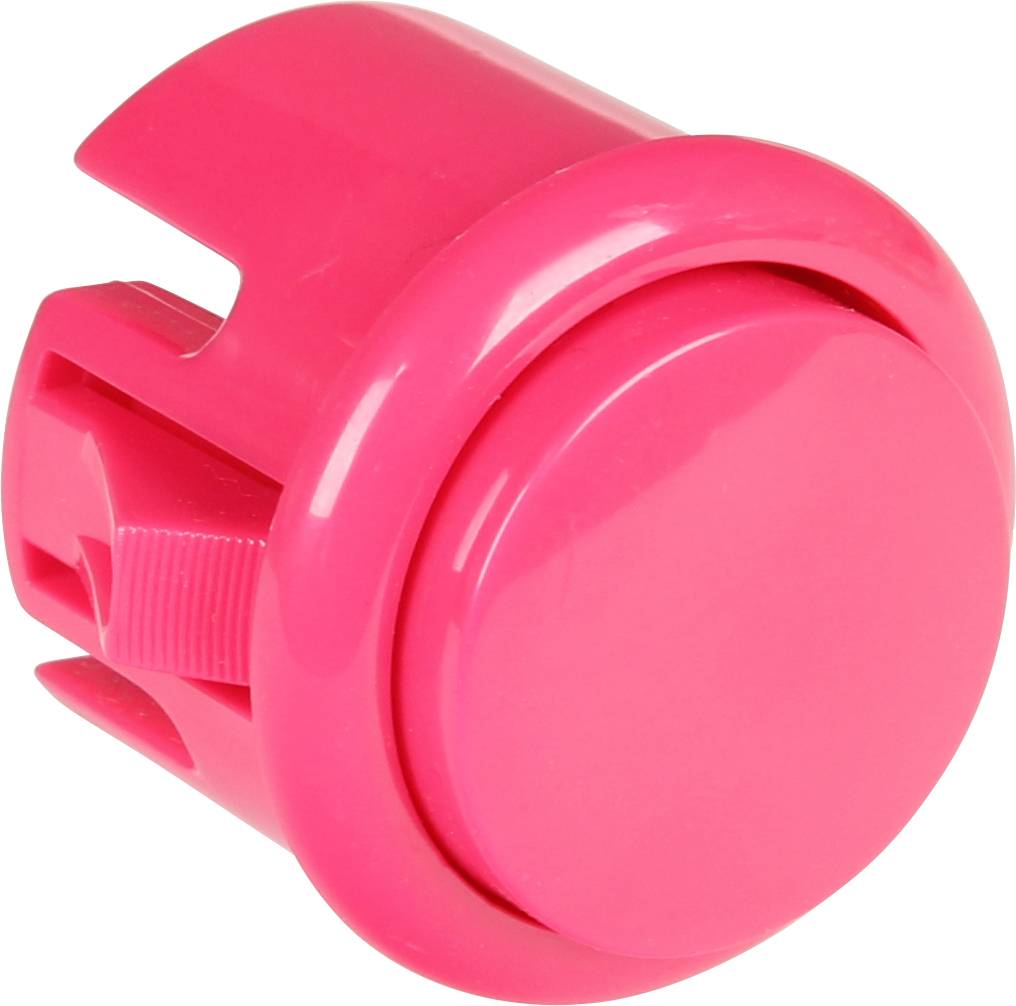 Ein großer, runder, leuchtend pinker Knopf mit einer glatten, glänzenden Oberfläche.