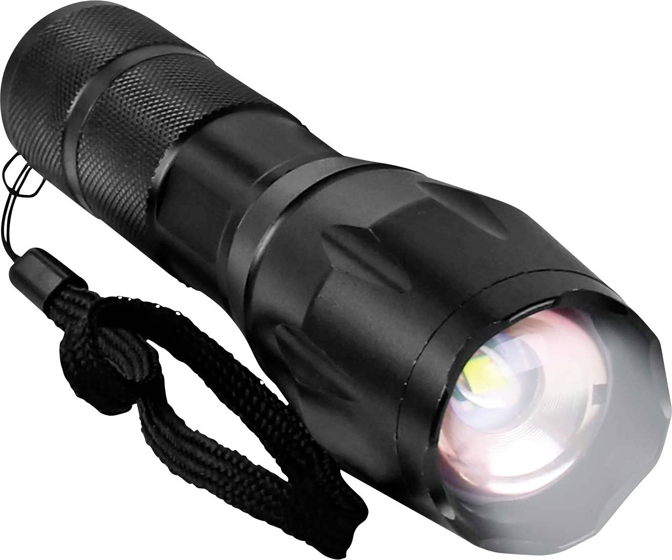 Schwarze Taschenlampe mit Handschlaufe, zeigt die leuchtende Linse in Nahaufnahme.
