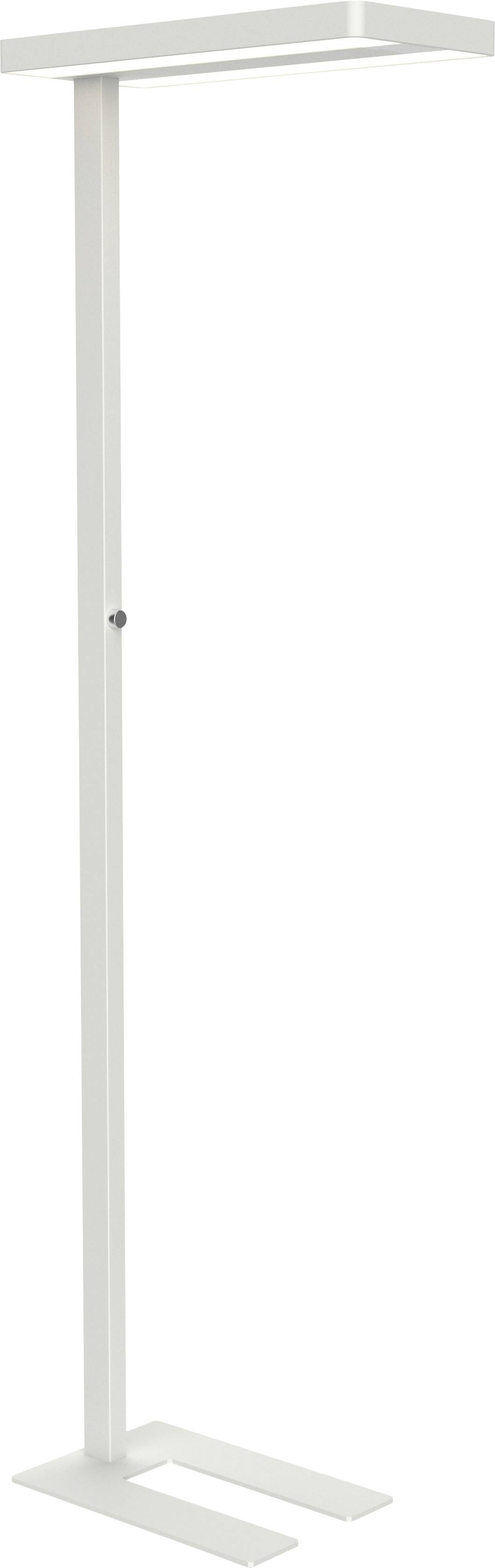 Eine schlichte, weiße Stehlampe mit rechteckigem Lampenkopf und schlankem Ständer, geeignet für moderne Räume.