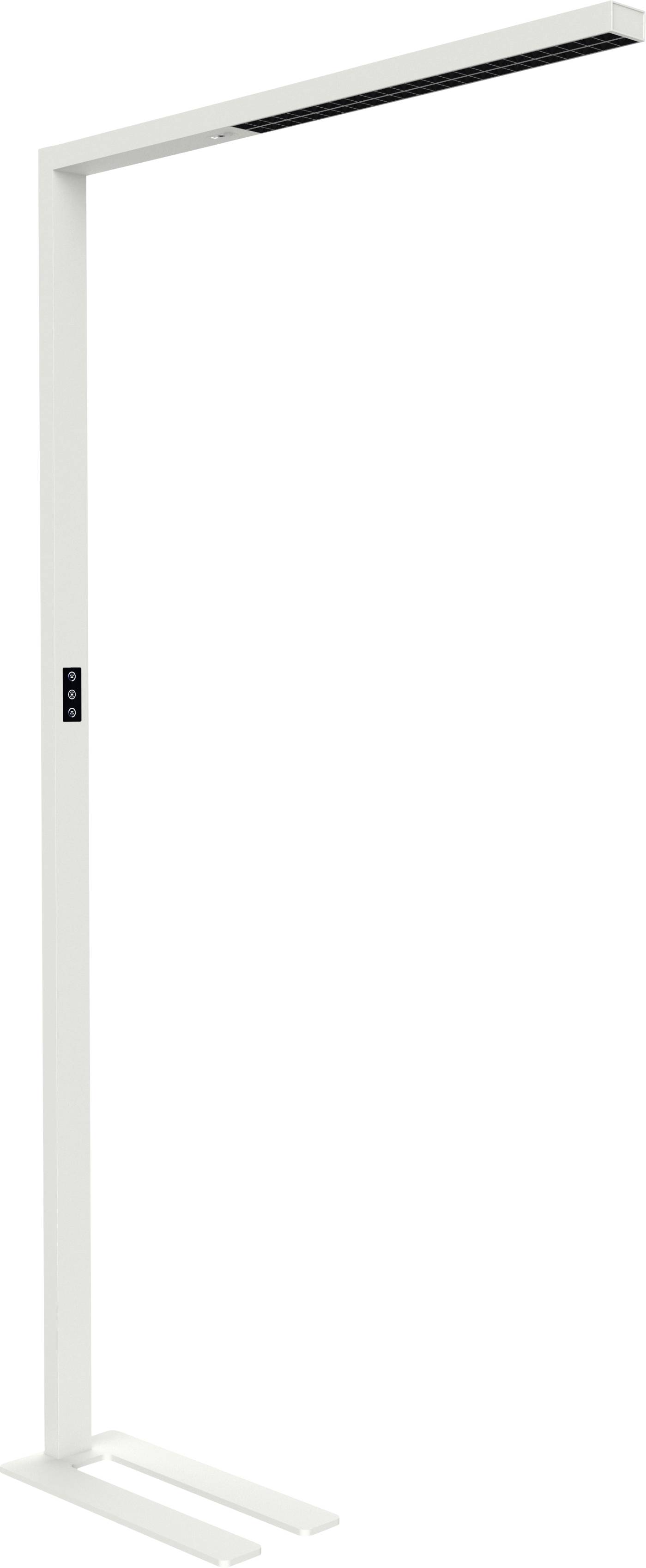 Weiße Stehleuchte in minimalistischem Design, gerade Linienführung, rechteckiger Leuchtenkopf, geeignet für moderne Innenräume.