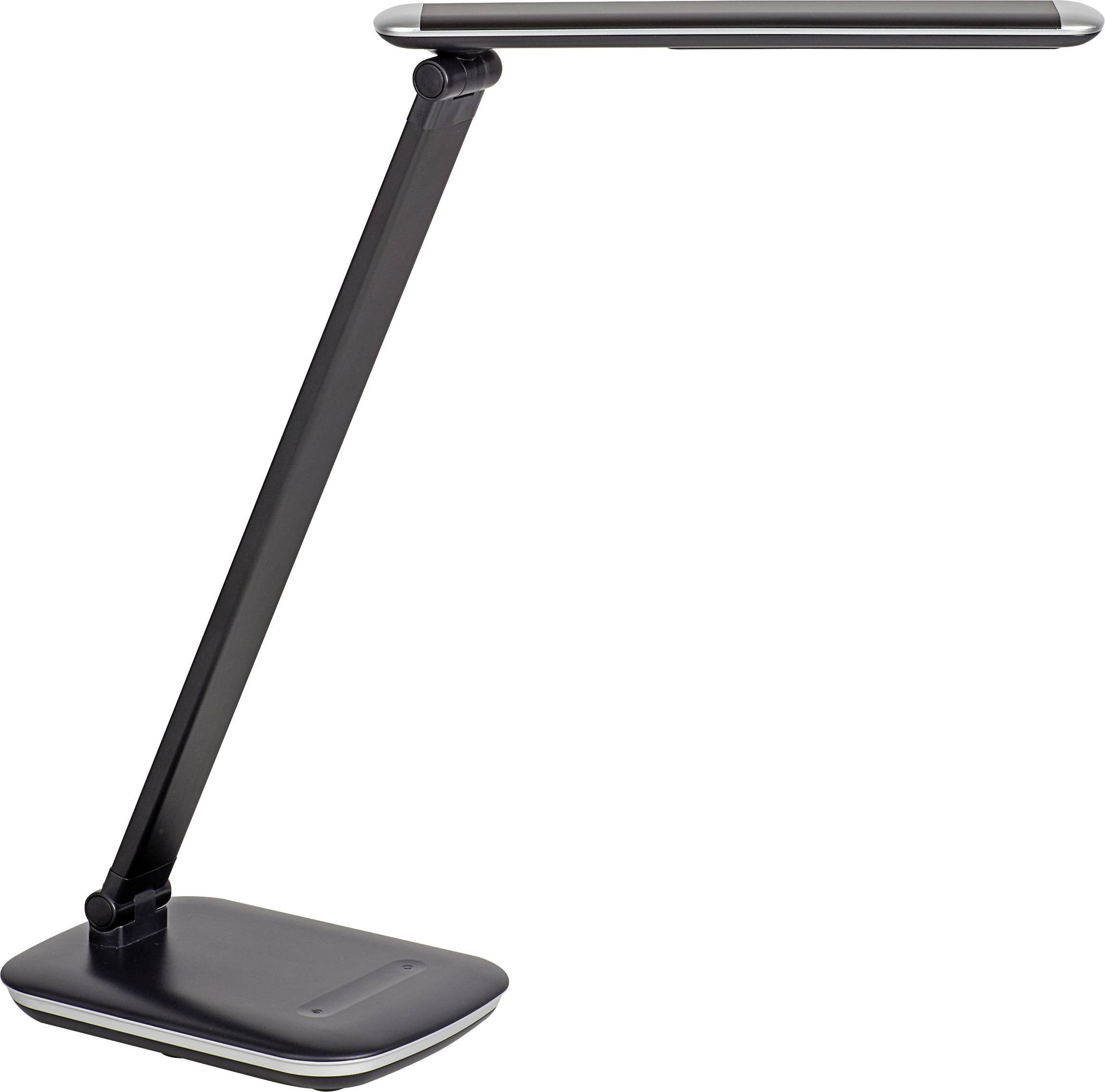 Schwarze, schlanke Schreibtischlampe mit verstellbarem Arm und rechteckigem Sockel auf weißem Hintergrund.