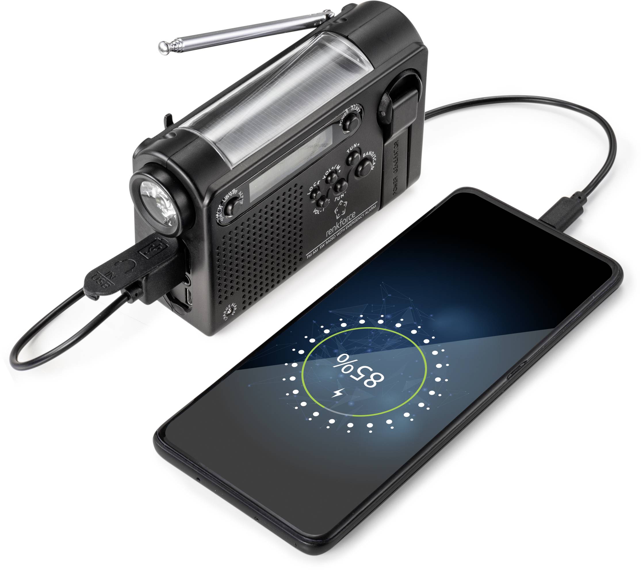 Renkforce RF-CR-200 Kofferradio UKW, MW, KW Notfallradio wiederaufladbar, Solarpanel, Handkurbel, Weckfunktion, Taschenlampe