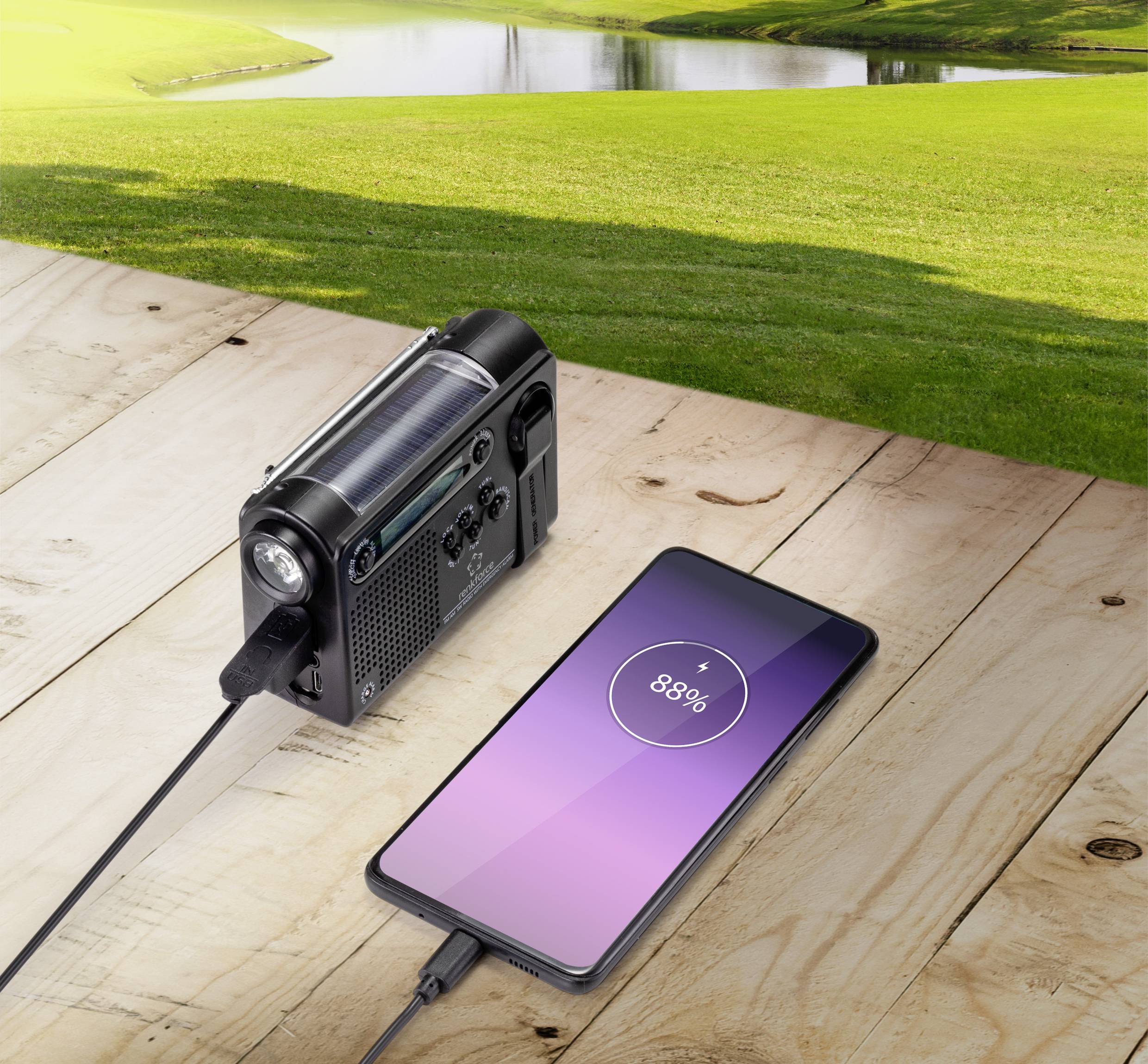 Renkforce RF-CR-200 Kofferradio UKW, MW, KW Notfallradio wiederaufladbar, Solarpanel, Handkurbel, Weckfunktion, Taschenlampe