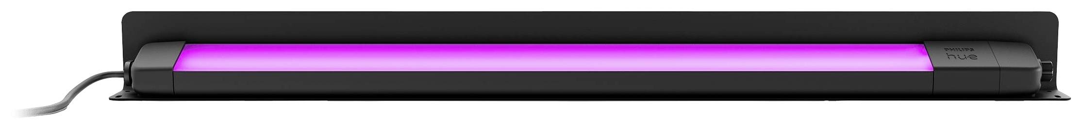 Ein schwarzes Leuchtengehäuse mit einer langen, horizontalen Leuchtstoffröhre, die ein intensives pinkes Licht ausstrahlt.