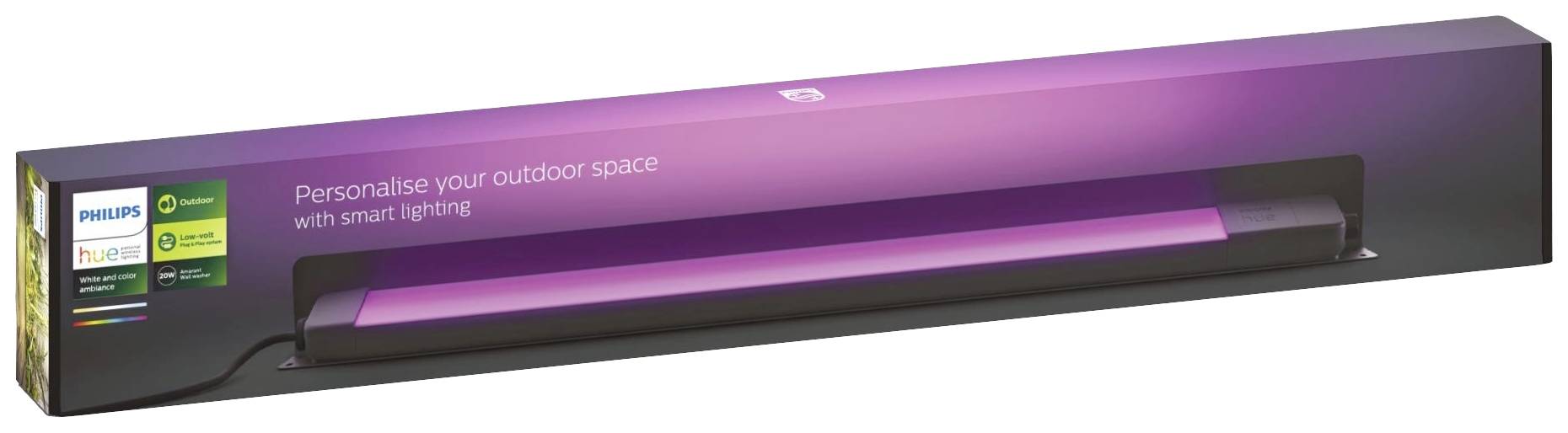 Lila Leuchtleiste in Verpackung, Philips Hue, Aufschrift: 'Personalise your outdoor space with smart lighting'.