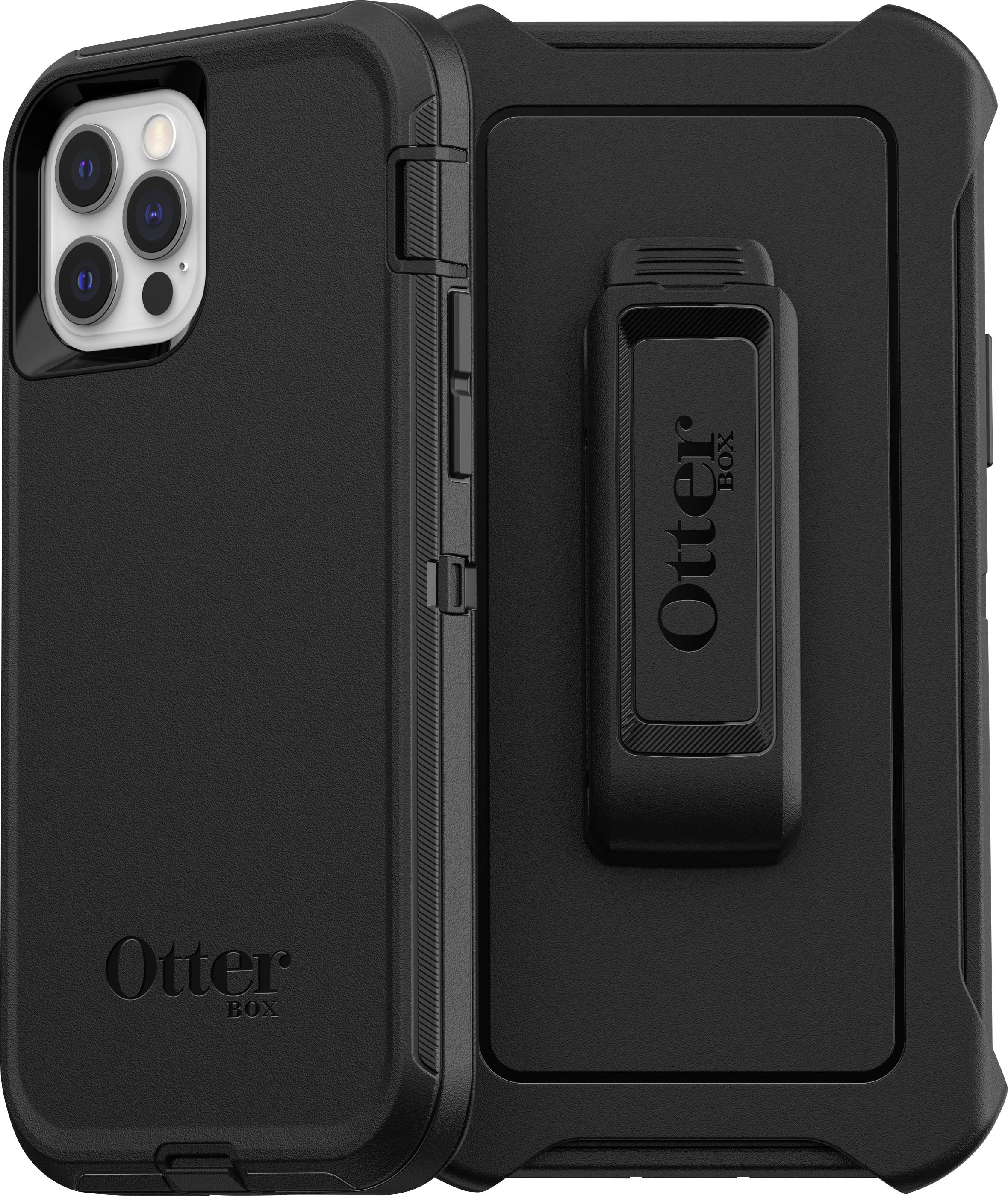 Schwarzes OtterBox-Handyetui mit robustem Design und Gürtelclip, geeignet für den Schutz und Transport eines Smartphones.