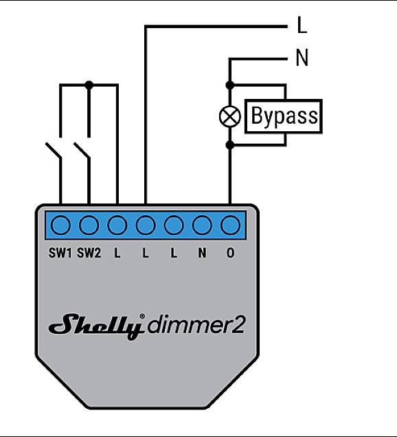 Diagramm des Shelly Dimmer 2: Verkabelung mit Anschlüssen L, N, SW1, SW2 und optionalem Bypass.