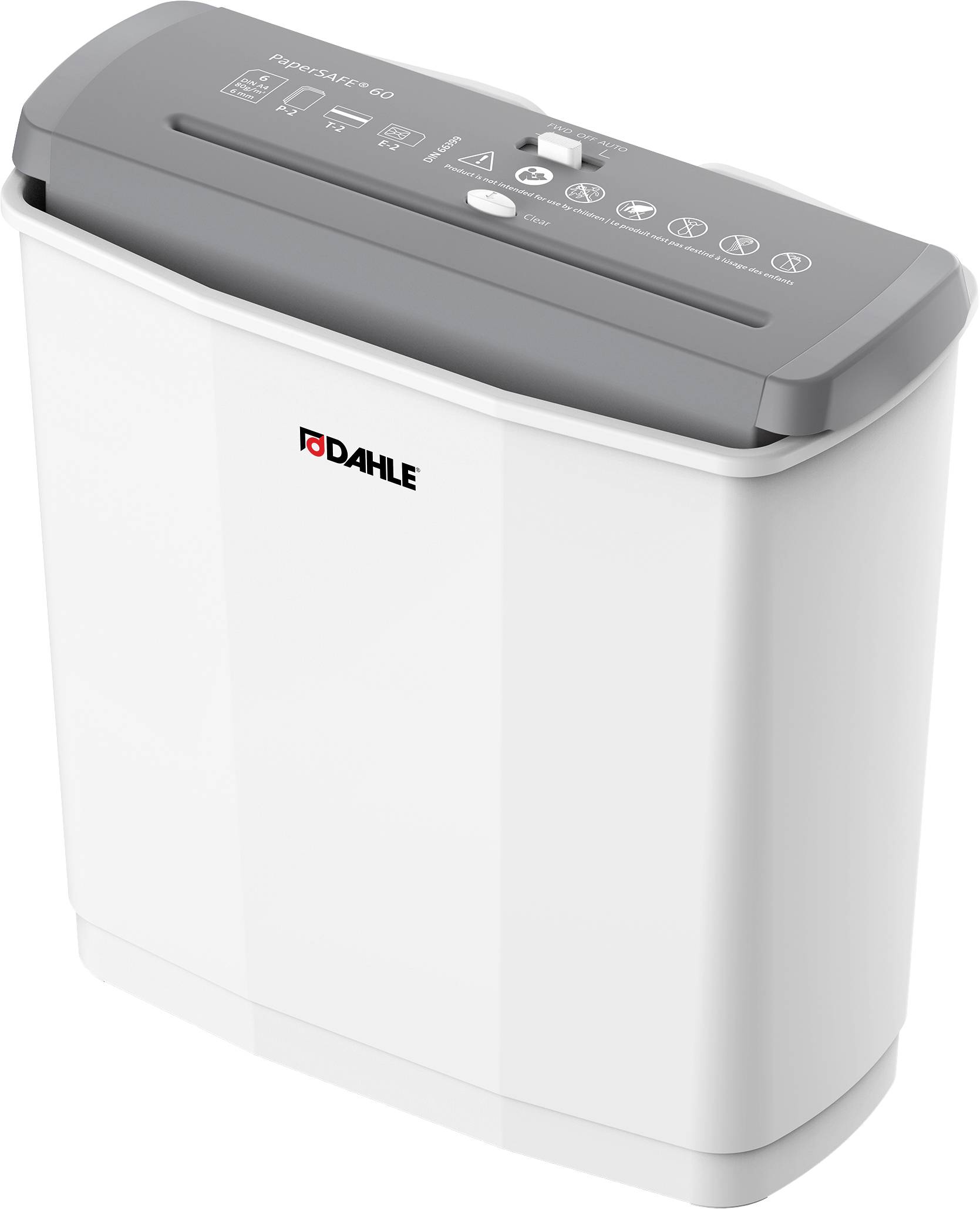 Papier Aktenvernichter von Dahle, Modell: PaperSAFE® 60. Weißes Gehäuse, graue Abdeckung mit Symbolen für Bedienungsanweisungen.