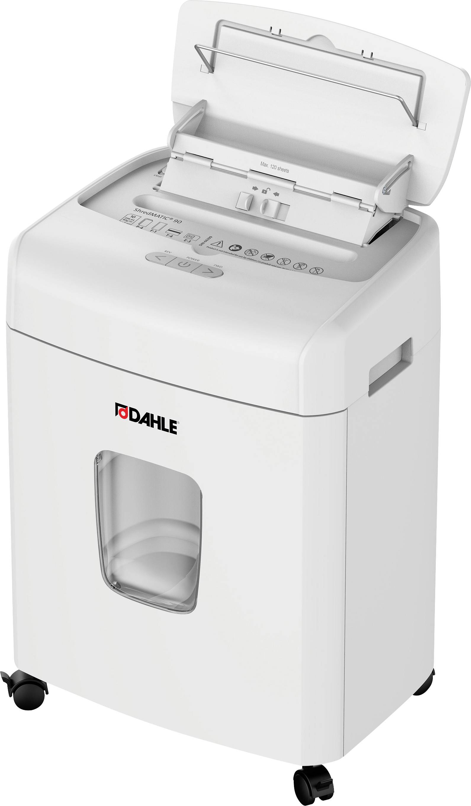 Dahle ShredMATIC 90 Aktenvernichter 90 Blatt Partikelschnitt 4 x 12mm P-4 23l Vernichtet auch Heftklammern, Kreditkarte