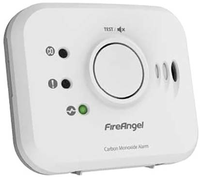 Kohlenmonoxidmelder mit Testknopf und LED-Anzeigen für Betrieb, Alarm und Fehler. Marke: FireAngel.