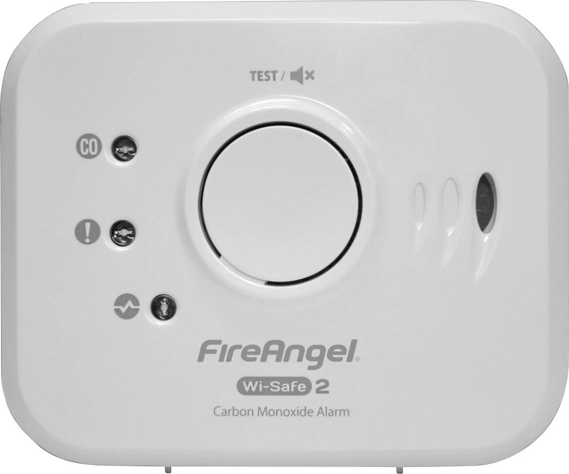 Ein Kohlenmonoxidmelder mit Testknopf, LED-Anzeigen für Betrieb, Fehler und CO-Alarm, Label 'FireAngel Wi-Safe 2'.