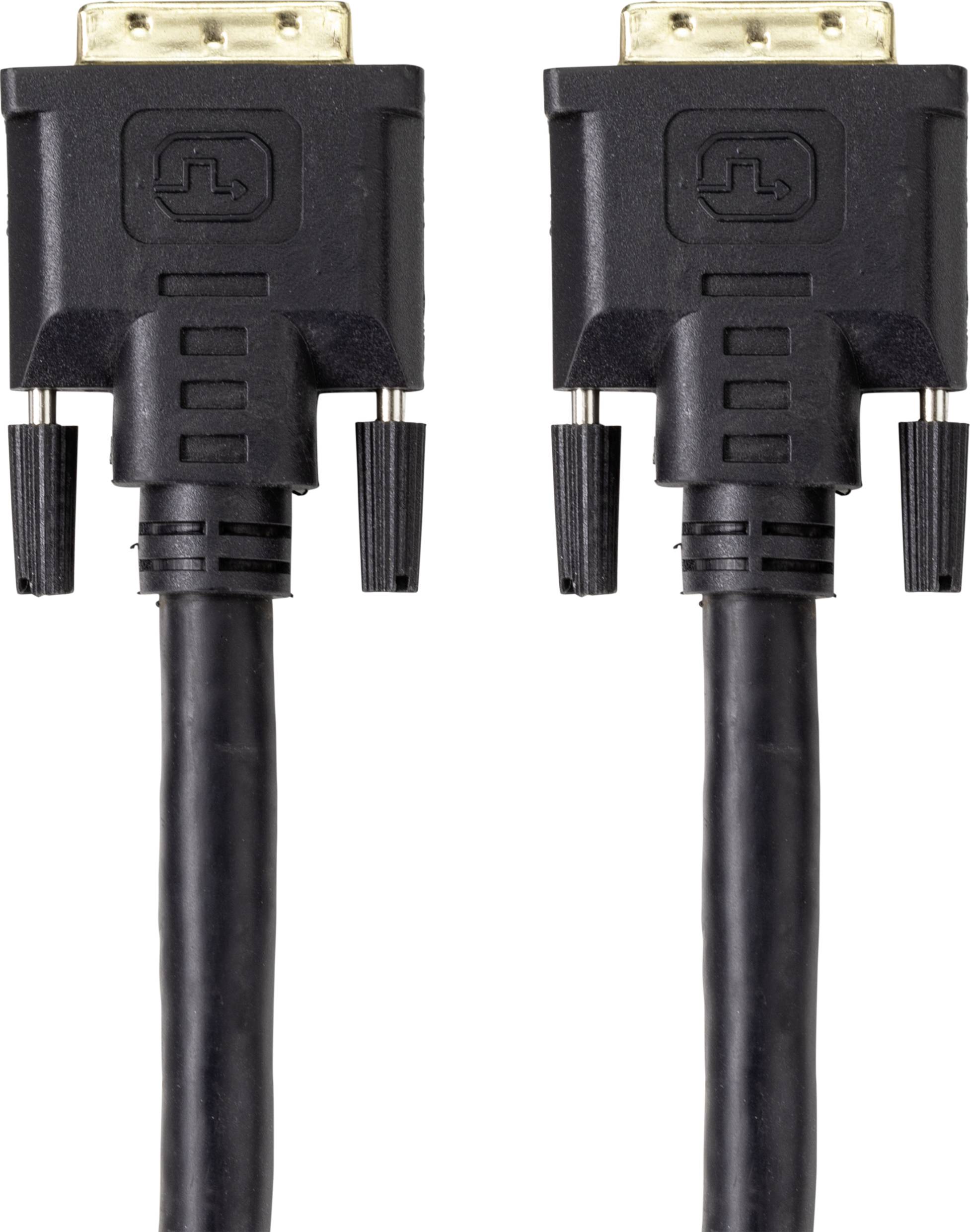 Zwei schwarze DVI-Kabel mit rechteckigem Anschluss und goldenen Kontaktpins. Geeignet zum Verbinden von Monitoren und Computern.